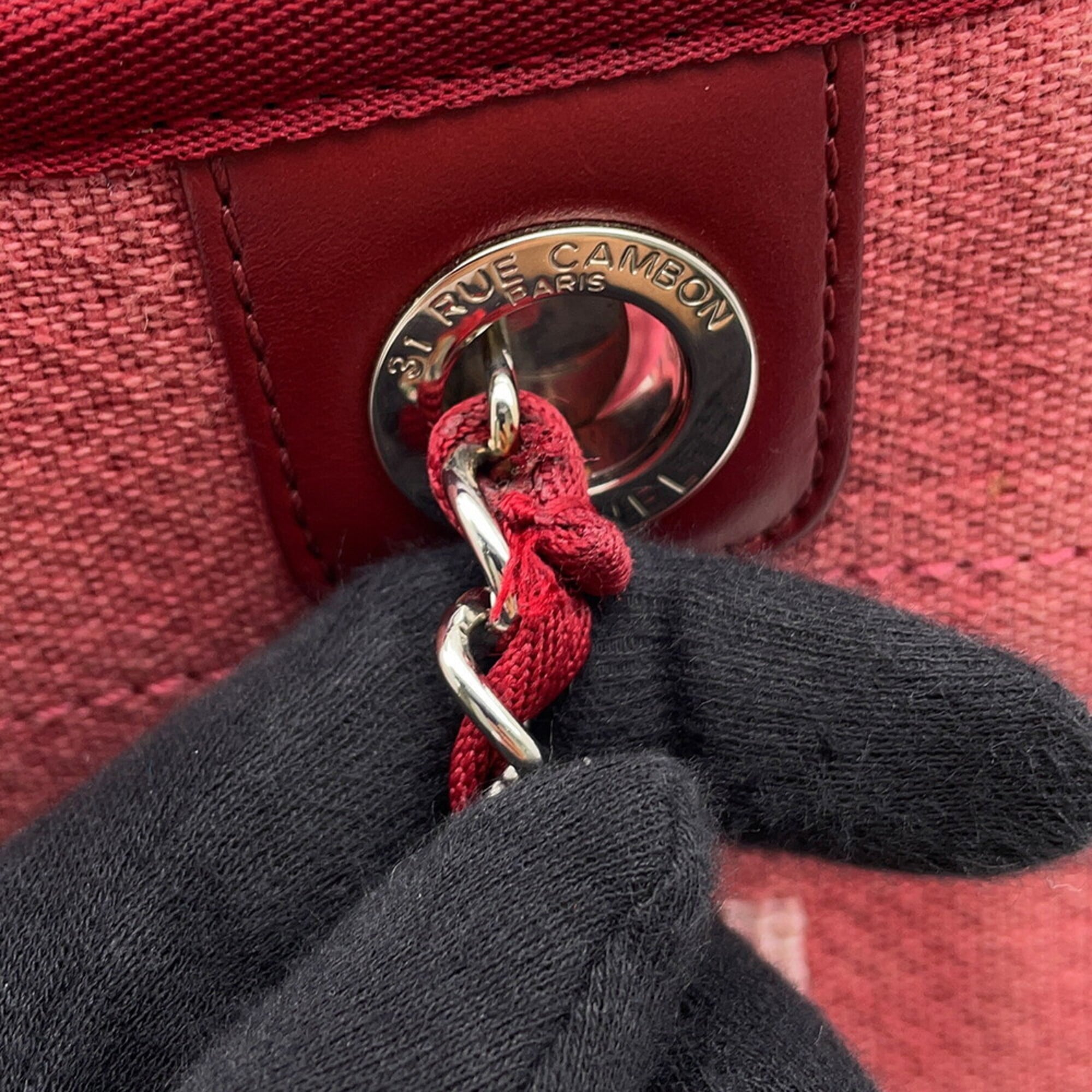 Chanel Pink Red Canvas Leather Handbag Tote Bag (Pre-Owned)