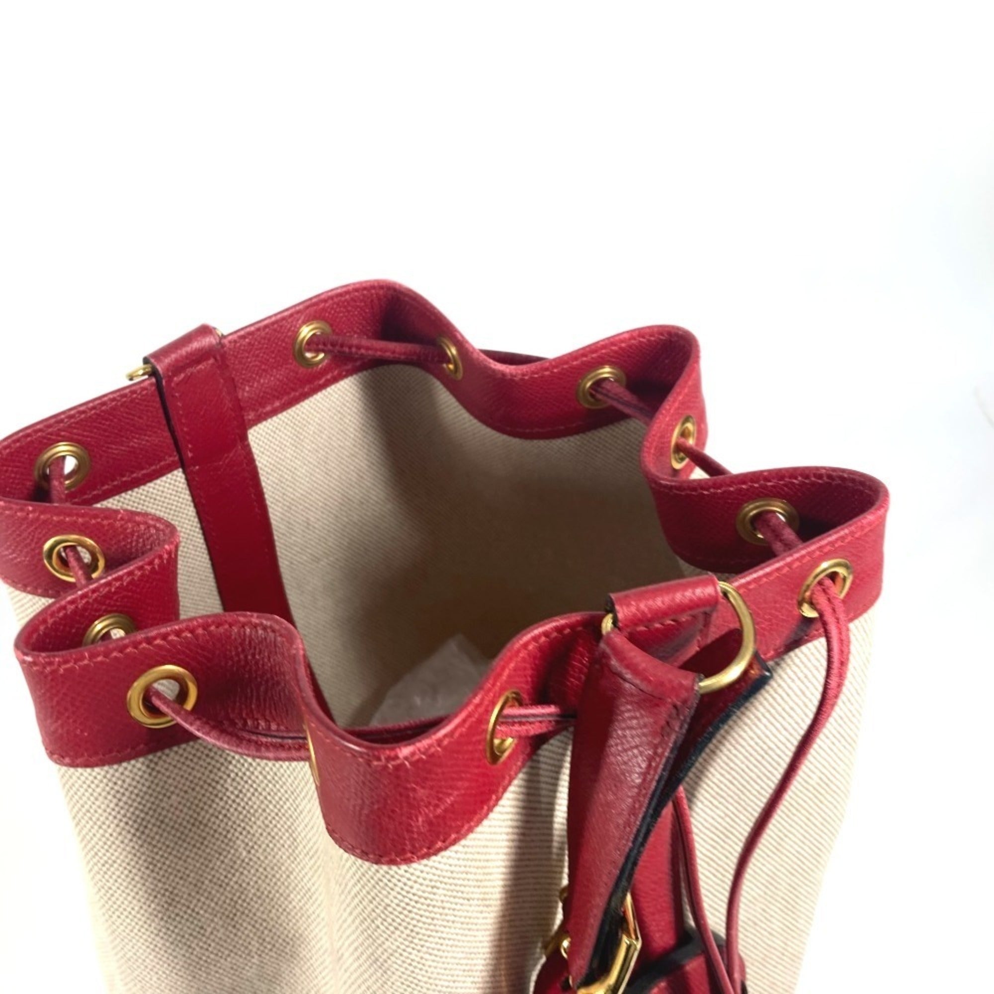 Hermes Beige Red Color Leather Canvas Shoulder Bag (Pre-Owned)