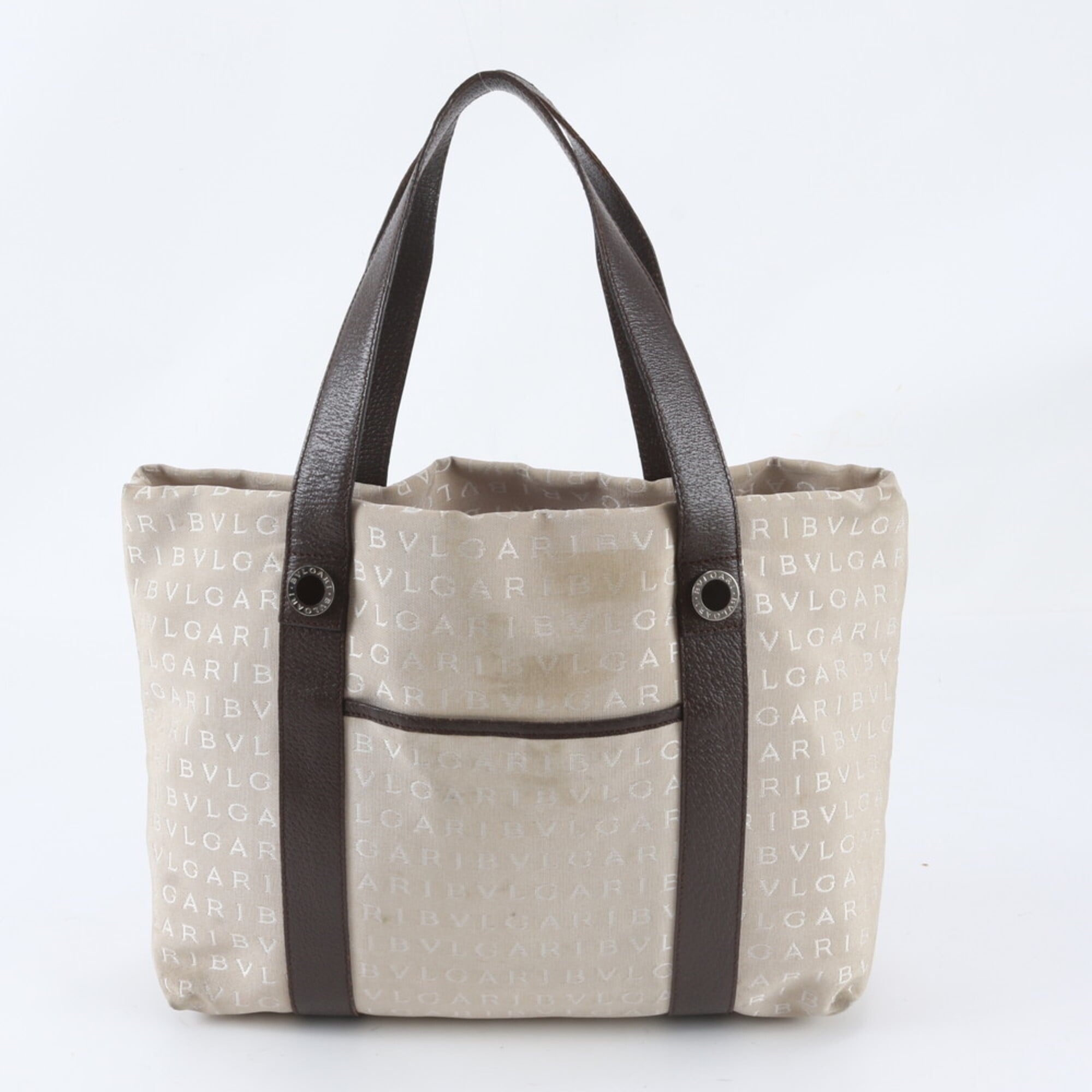 Bvlgari Beige Leather Canvas Handbag Tote Bag (Pre-Owned)