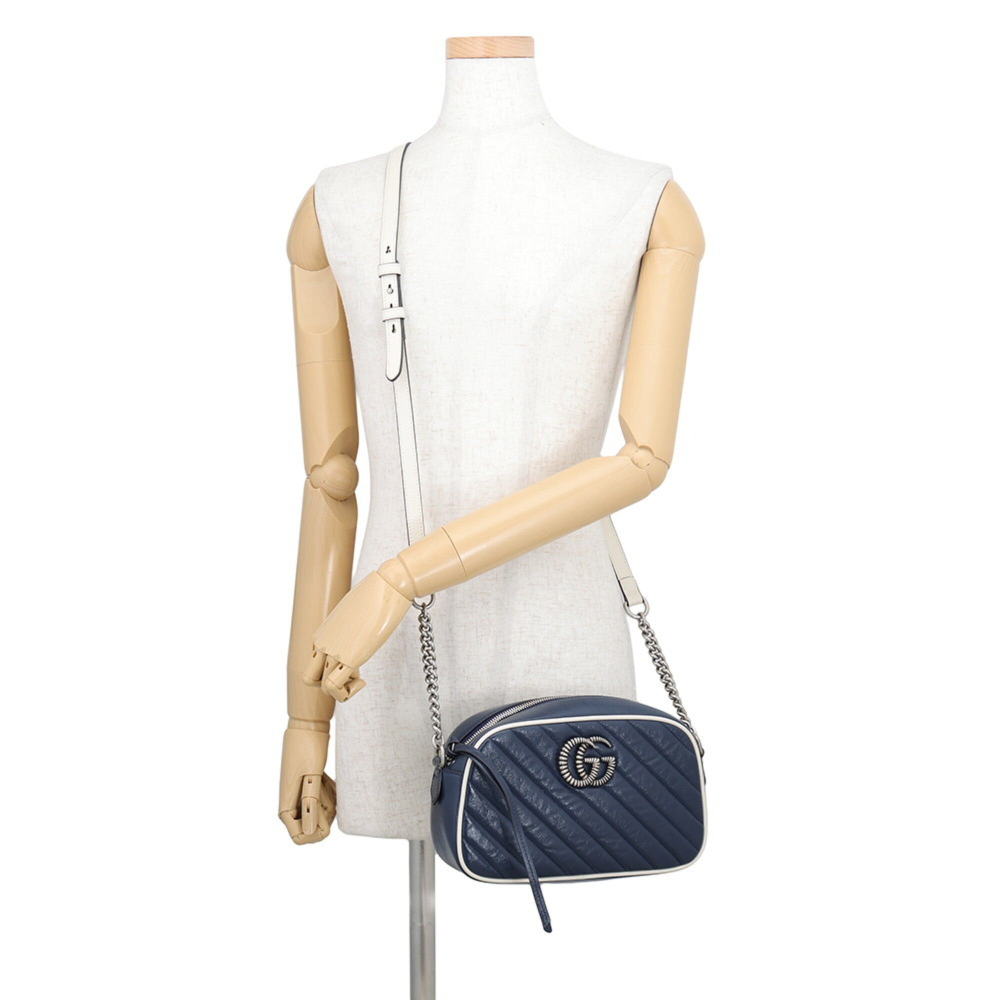 Gucci Gg Marmont Navy White Leather Handbag Shoulder Bag (Pre-Owned)