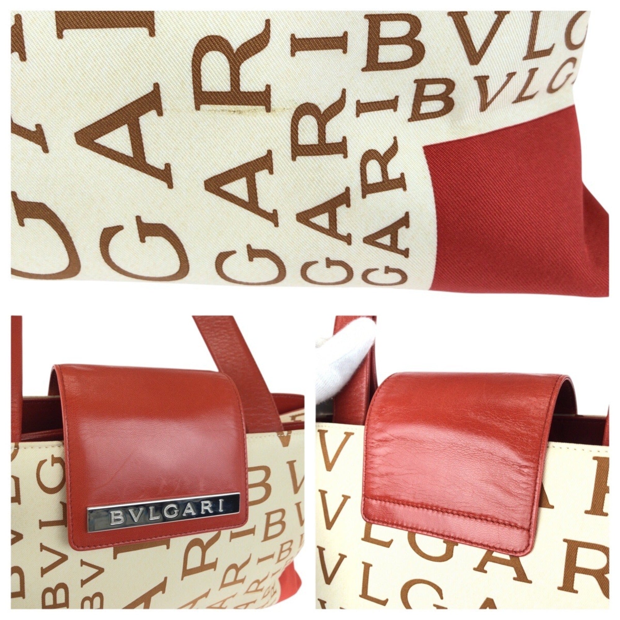 Bvlgari Ivory Red Color Canvas Leather Shoulder Bag Tote Bag (Pre-Owned)