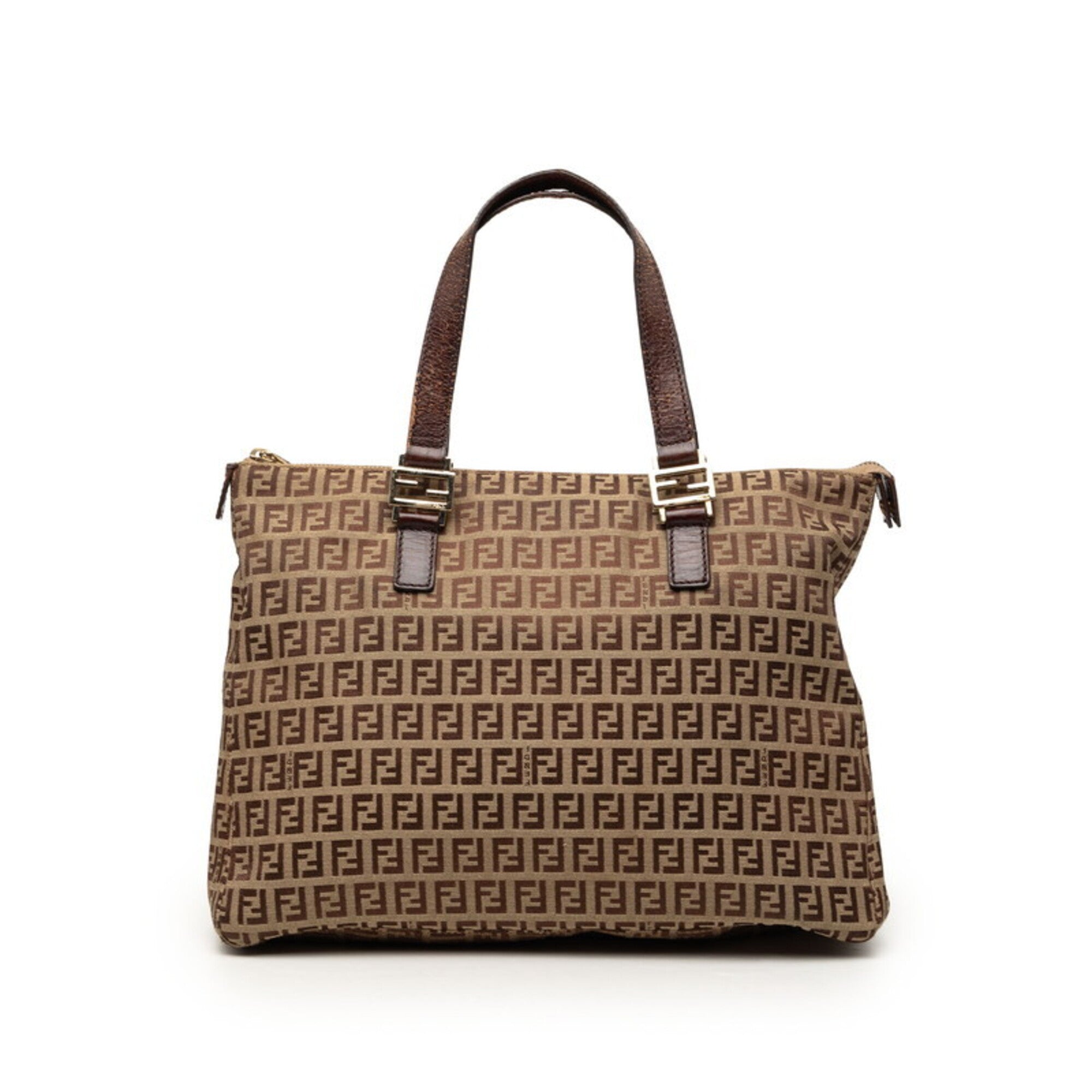 Fendi Brown Leather Canvas Handbag Tote Bag (Pre-Owned)