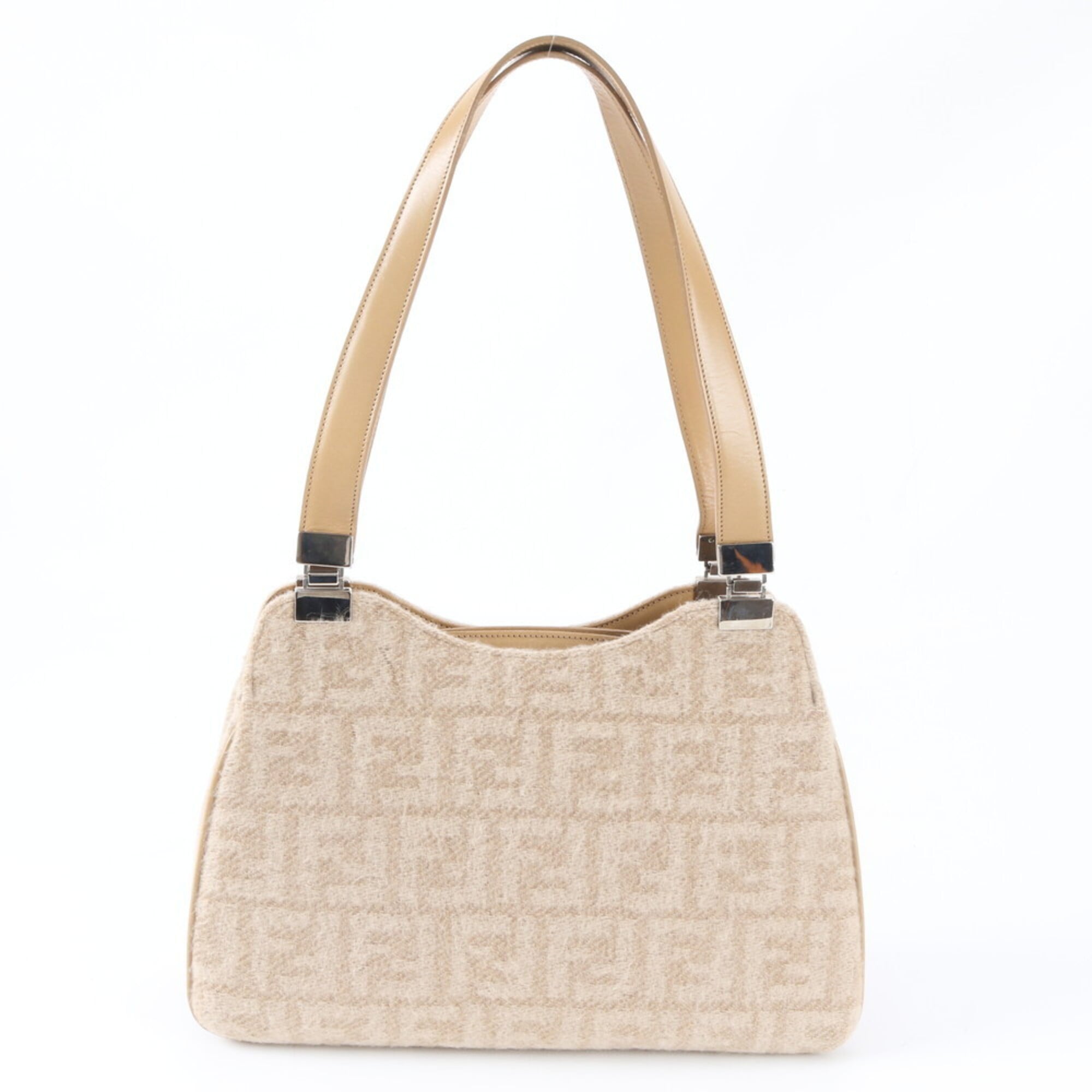 Fendi Zucca Beige Leather Canvas Handbag Shoulder Bag (Pre-Owned)