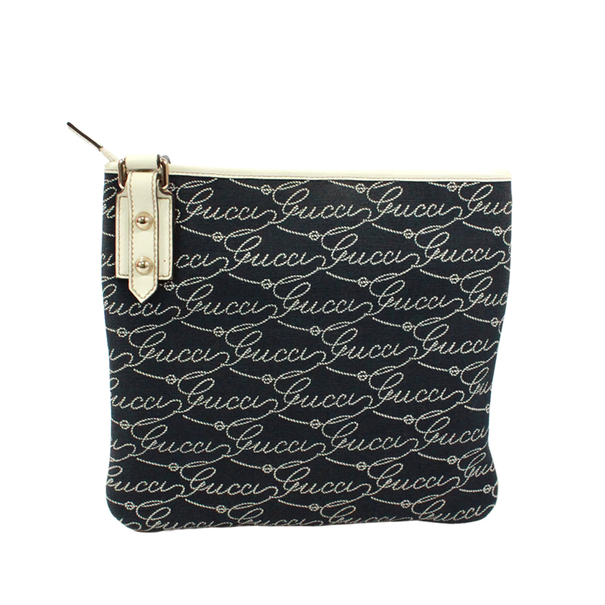 Gucci Navy White Canvas Leather Shoulder Bag (Pre-Owned)
