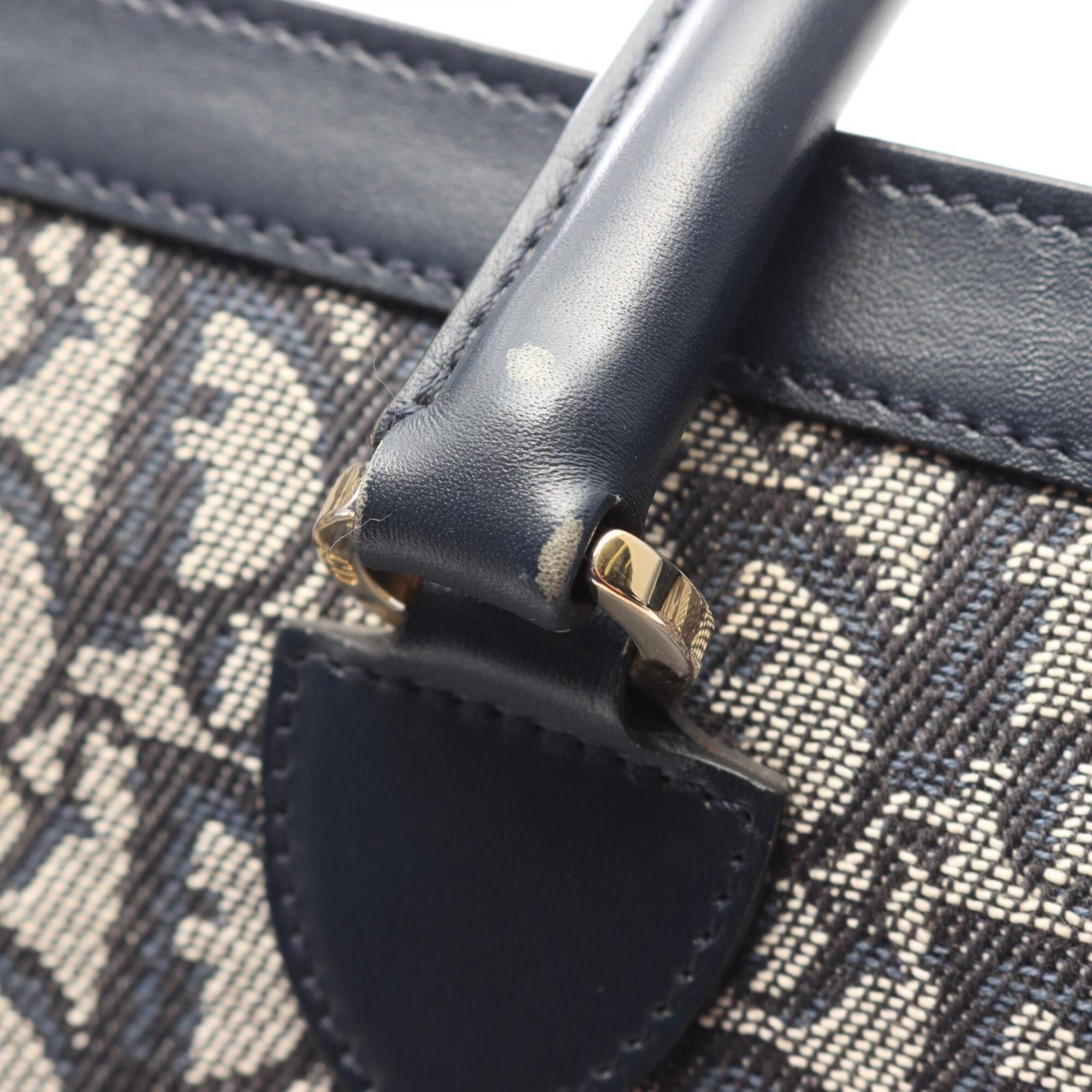 Christian Dior Black Ivory Navy Canvas Leather Handbag (Pre-Owned)