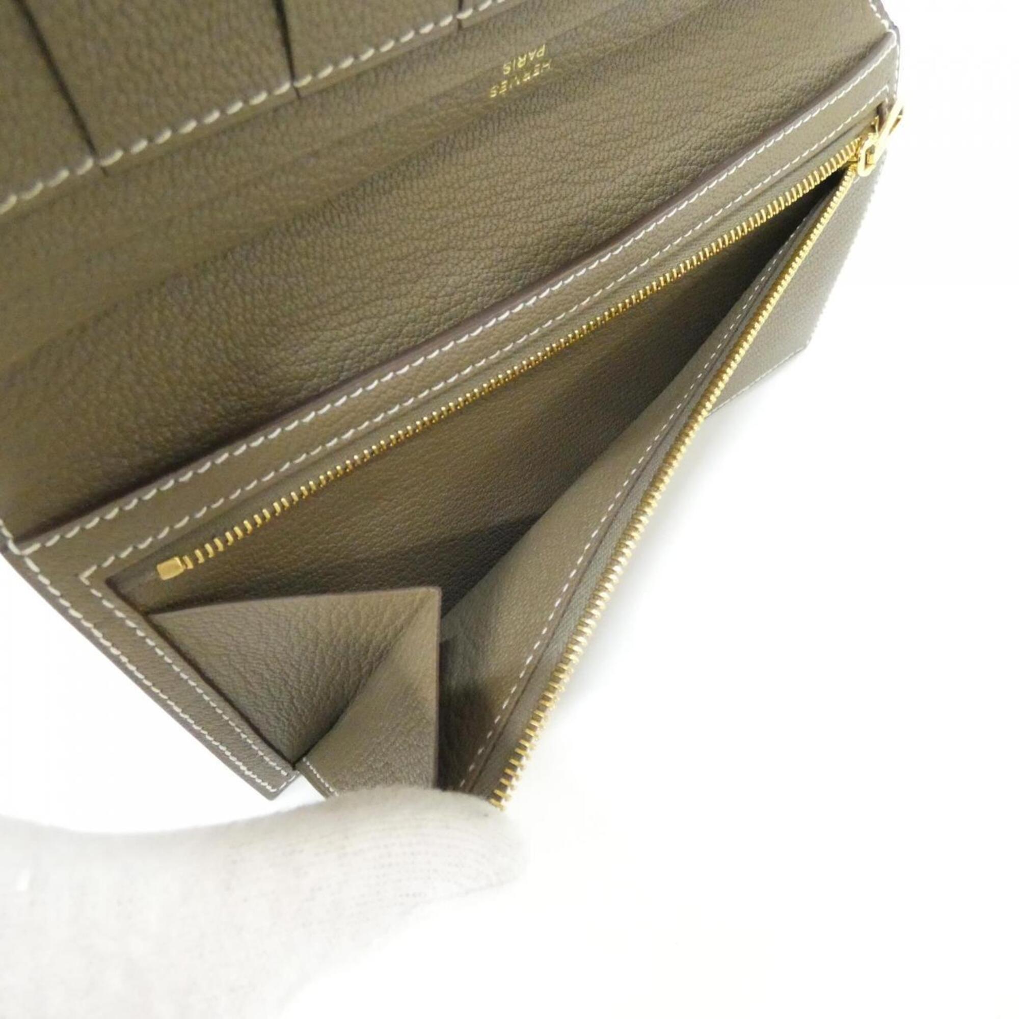 Hermes Beige Etoupe Gray Chevre Leather Long Wallet (Bi-Fold) (Pre-Owned)