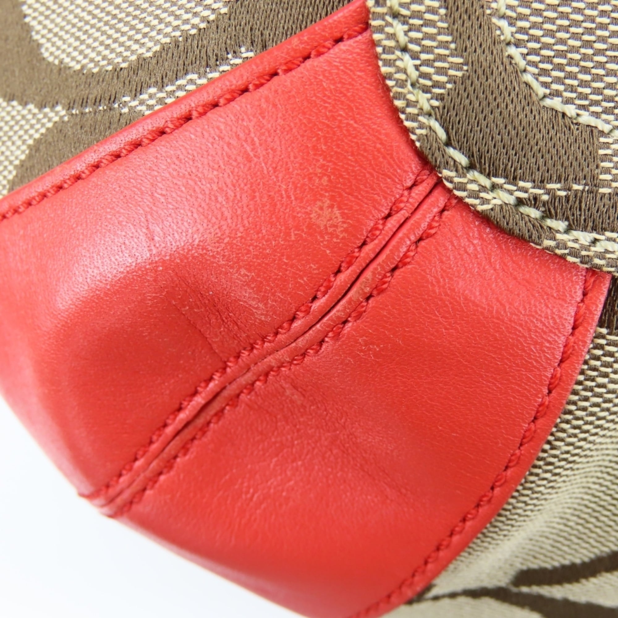 Coach Signature Beige Pink Red Color Canvas Leather Shoulder Bag (Pre-Owned)