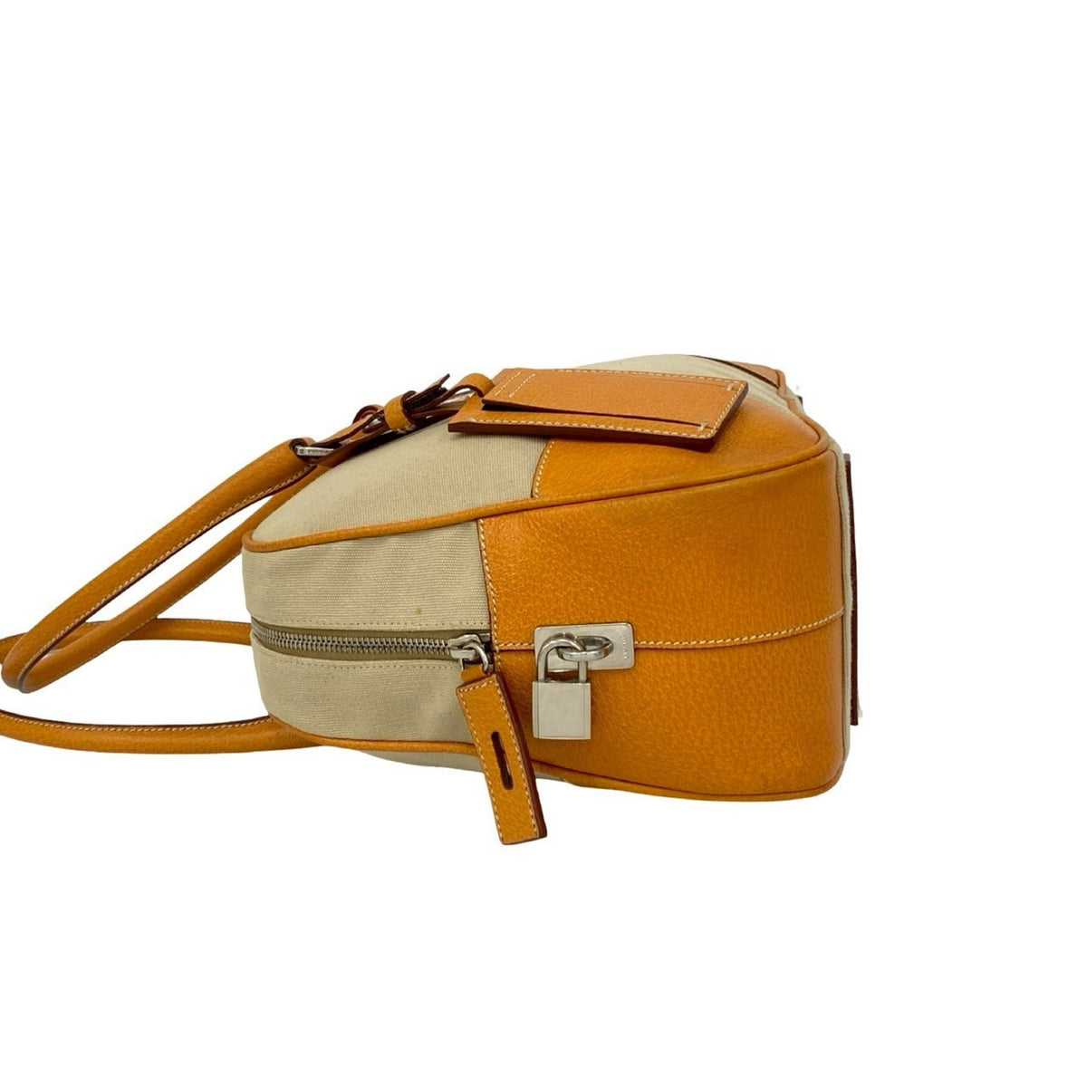 Prada Beige Leather Canvas Boston Bag Shoulder Bag Tote Bag (Pre-Owned)