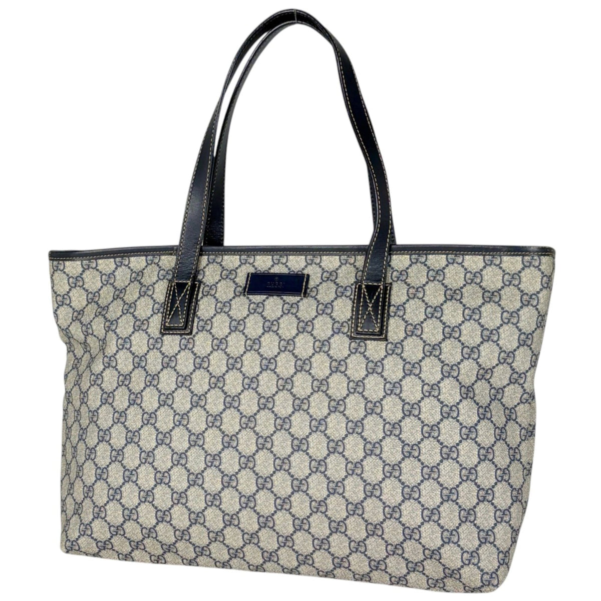 Gucci Beige Navy Coated Canvas Leather Tote Bag (Pre-Owned)