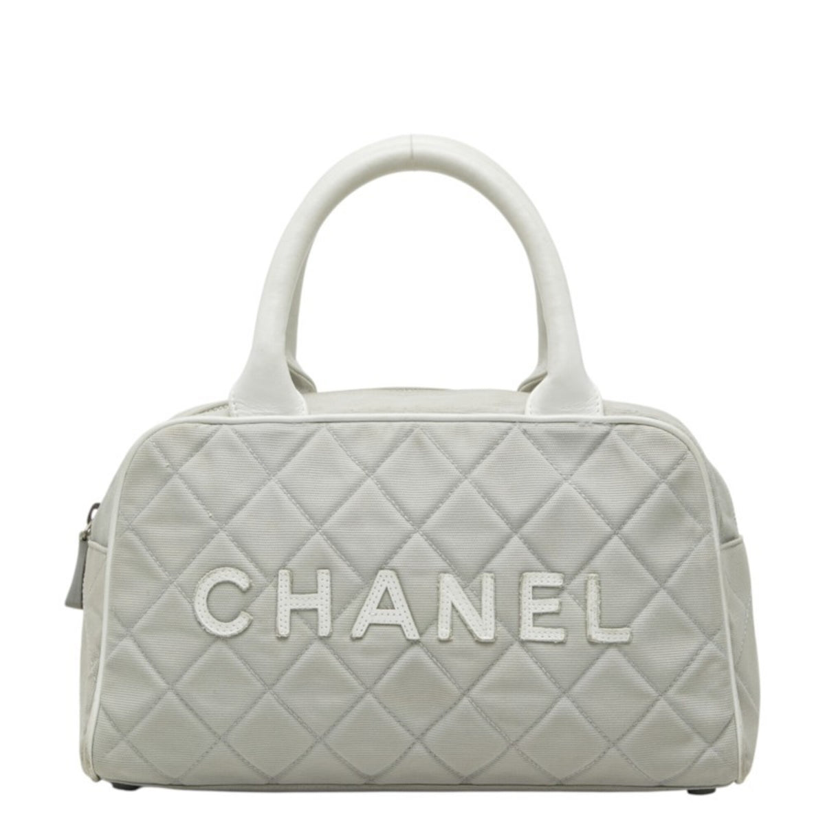 Chanel Gray White Canvas Leather Boston Bag (Pre-Owned)