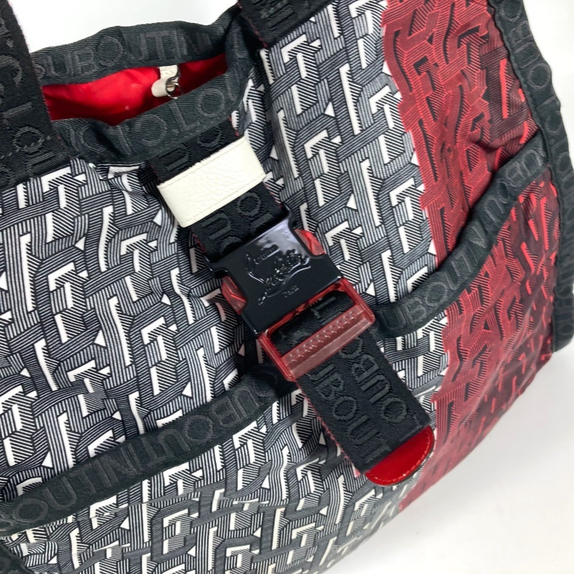 Christian Louboutin Black Red Color White Nylon Handbag Shoulder Bag Tote Bag (Pre-Owned)
