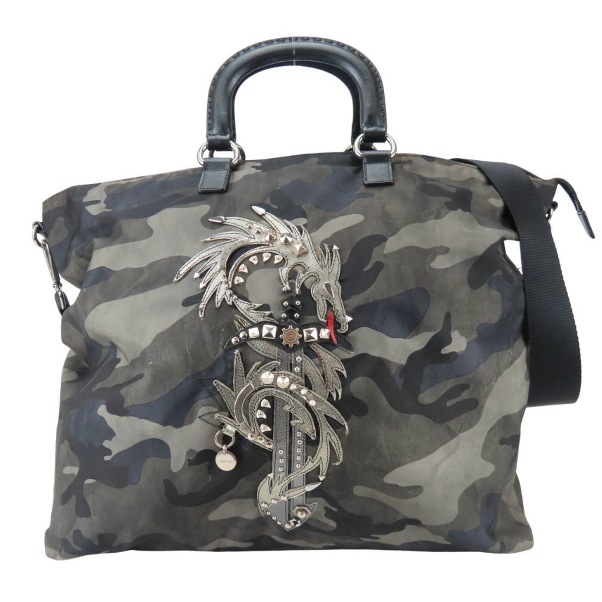 Prada Black Gray Nylon Leather Tote Bag (Pre-Owned)