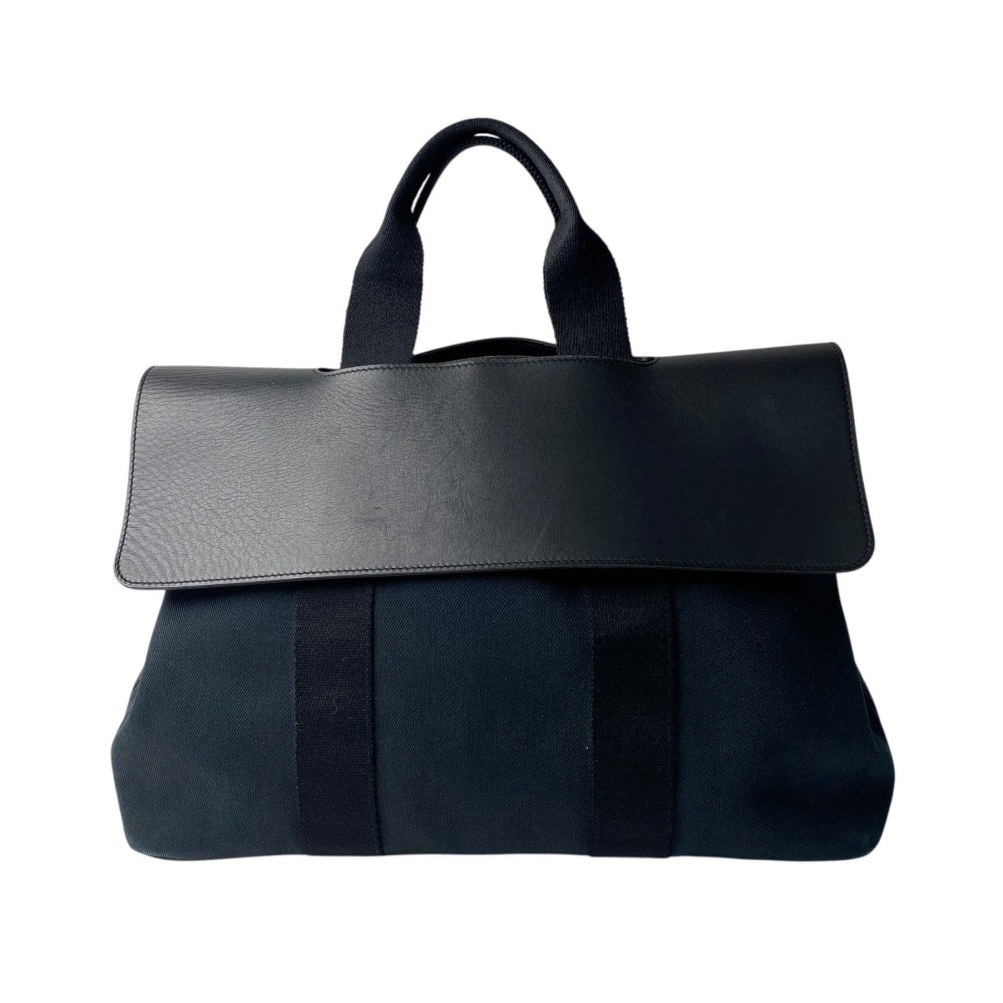 Hermes Black Navy Canvas Leather Tote Bag (Pre-Owned)