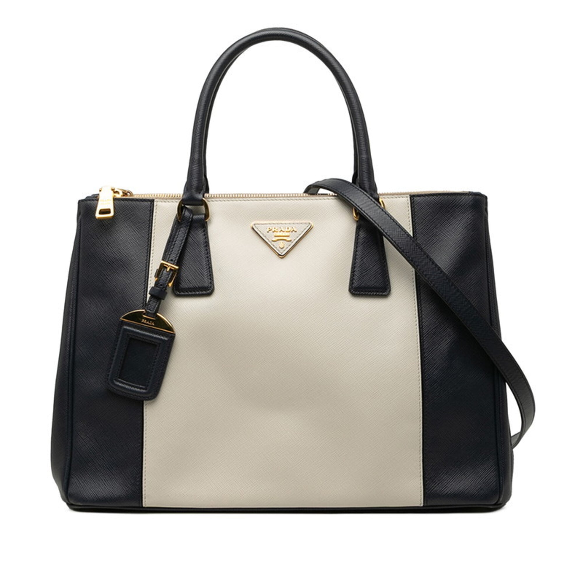 Prada Beige Ivory Navy Leather Handbag Shoulder Bag (Pre-Owned)