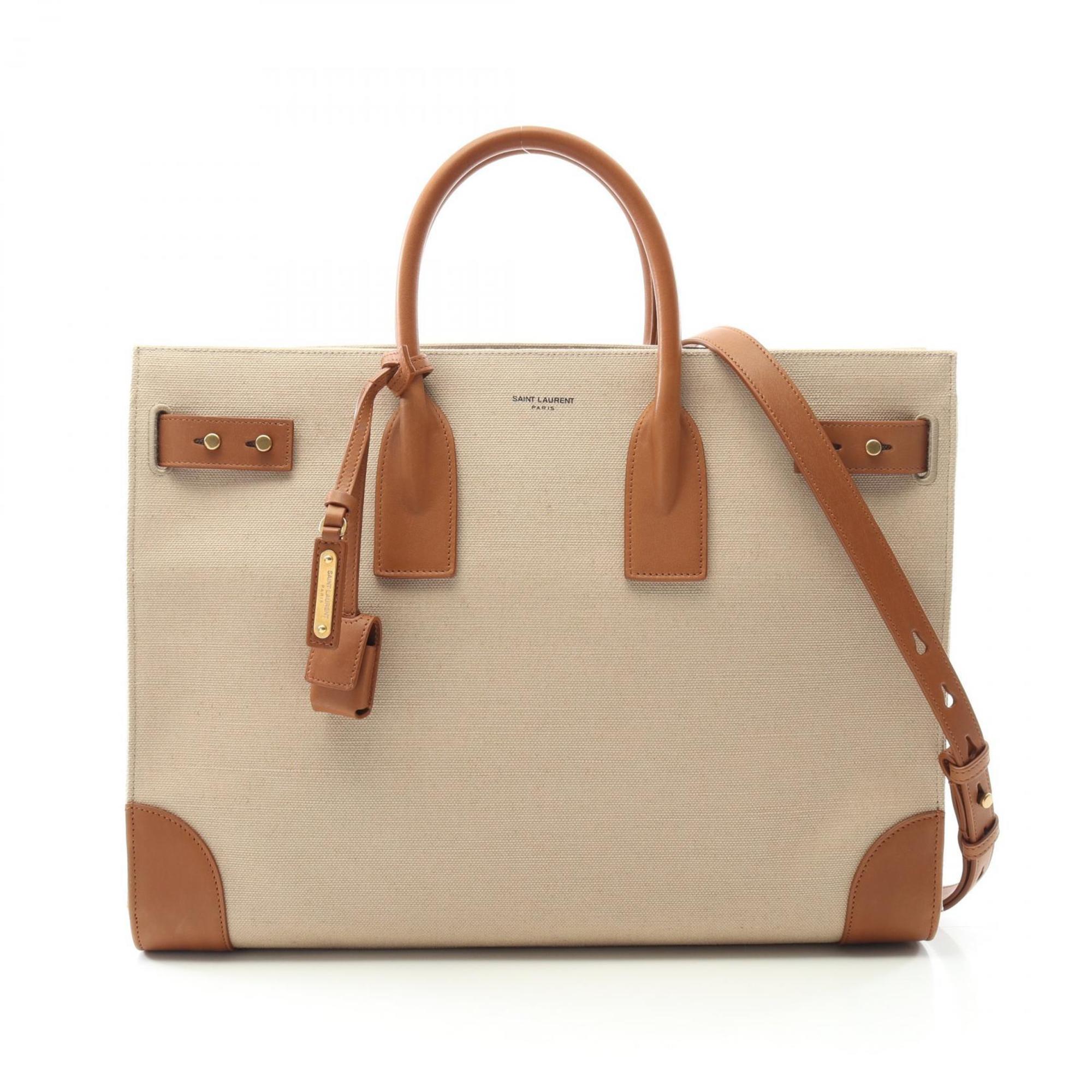 Saint Laurent Beige Brown Canvas Leather Tote Bag (Pre-Owned)