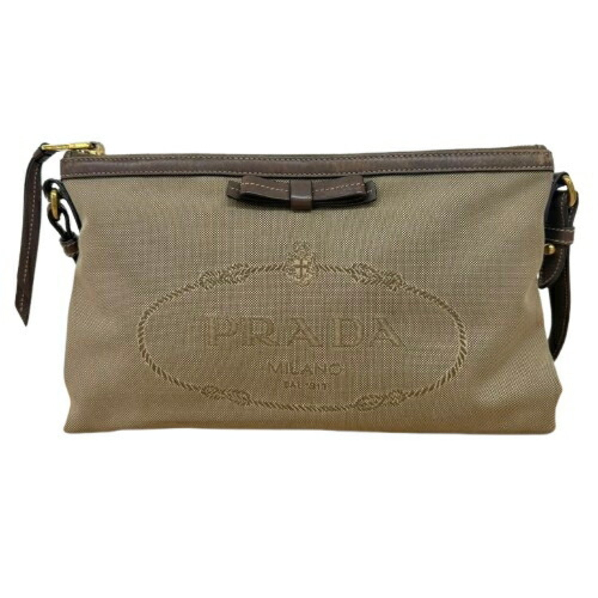 Prada Beige Brown Canvas Shoulder Bag (Pre-Owned)