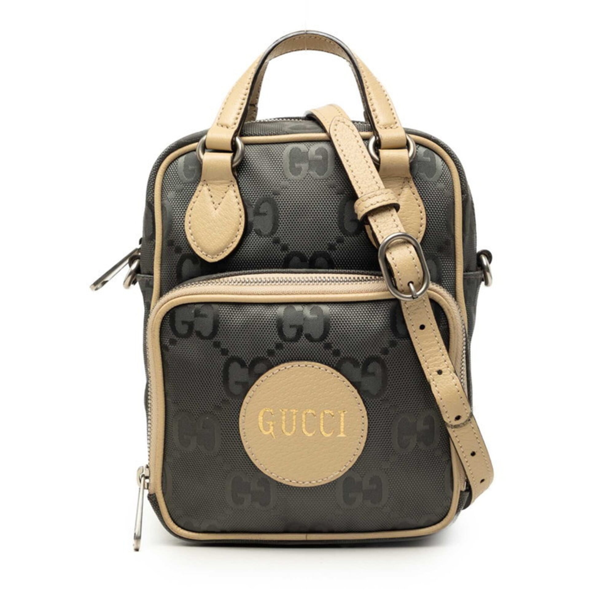 Gucci Gray Beige Nylon Leather Handbag Shoulder Bag (Pre-Owned)