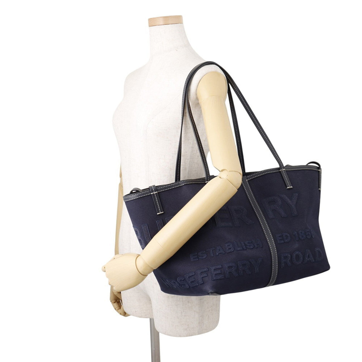 Burberry Navy Black Canvas Leather Handbag Tote Bag (Pre-Owned)