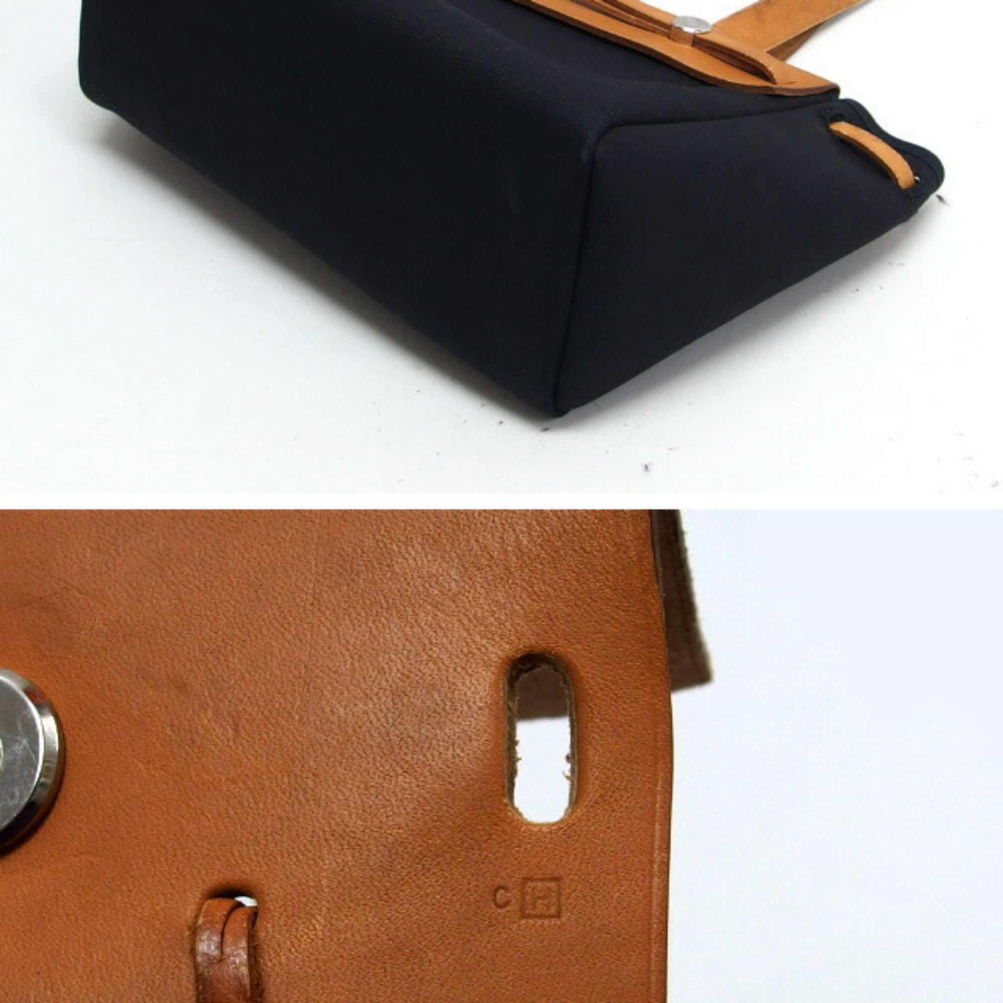 Hermes Beige Black Brown Canvas Leather Handbag Shoulder Bag Tote Bag (Pre-Owned)