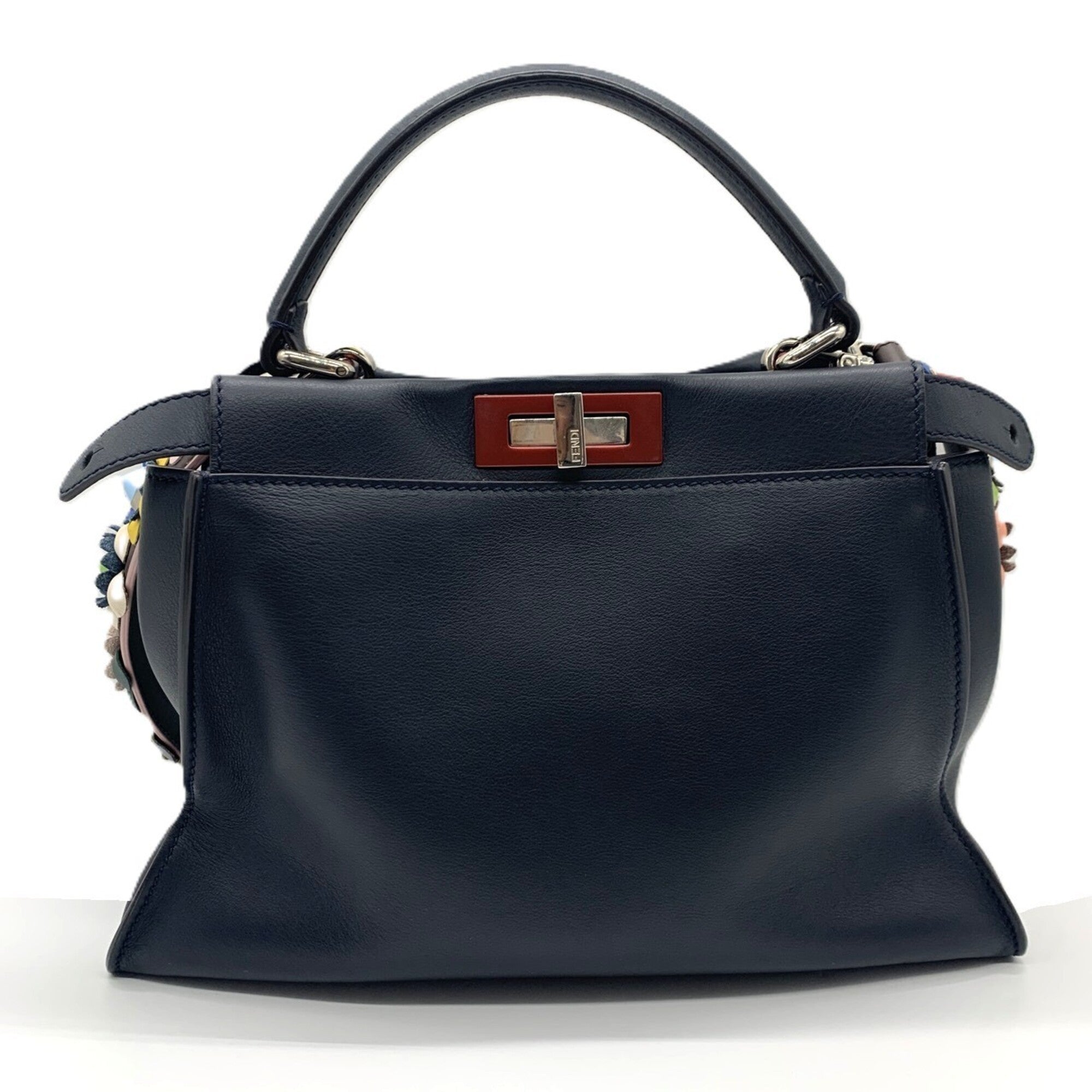 Fendi Peekaboo Dark Navy Red Color Leather Handbag Shoulder Bag (Pre-Owned)