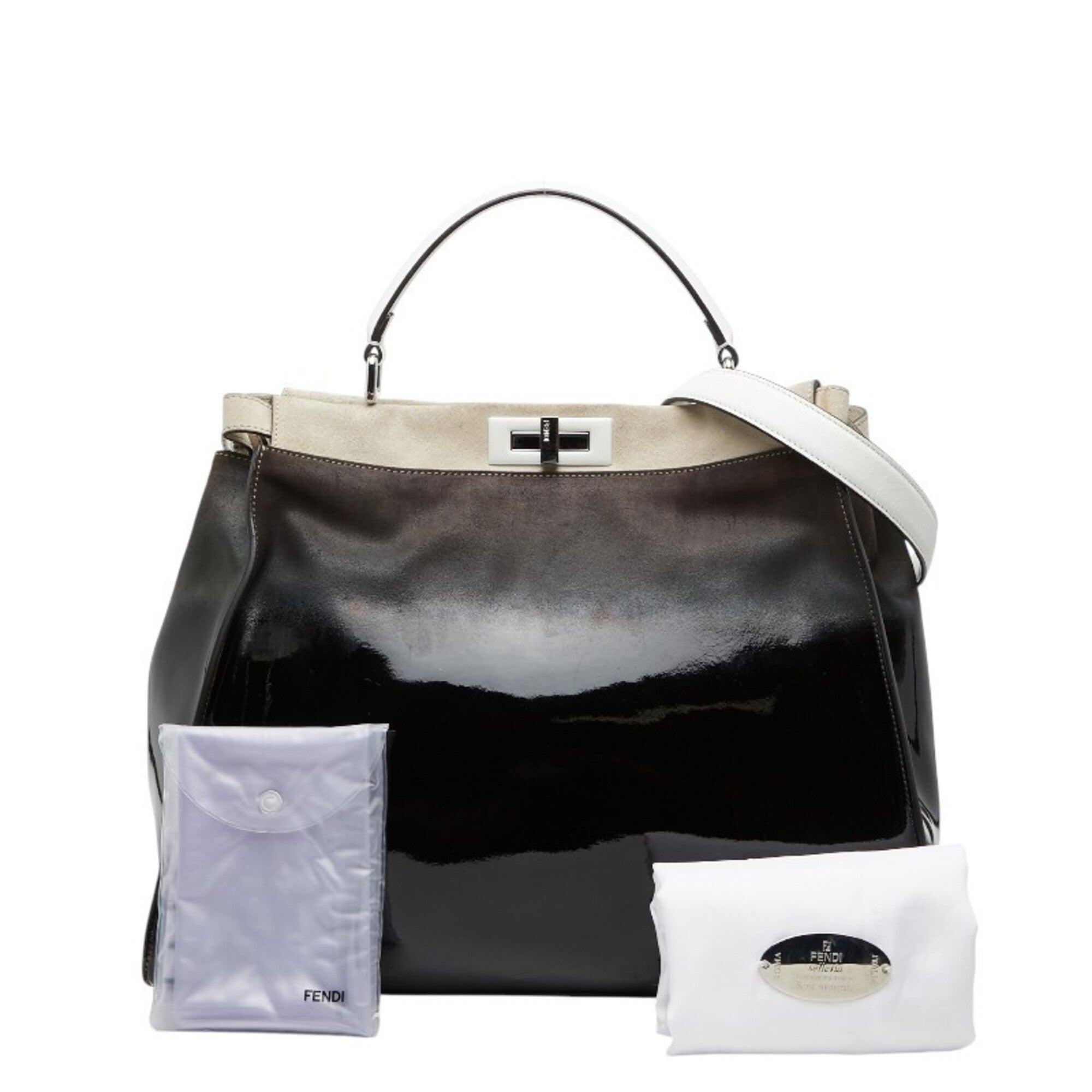 Fendi Peekaboo Beige Brown Patent Leather Suede Handbag Shoulder Bag (Pre-Owned)