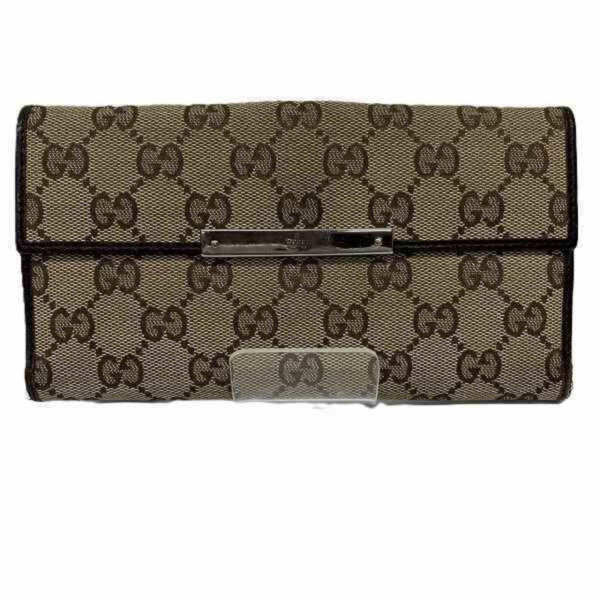 Gucci Beige Brown Canvas Leather Long Wallet (Bi-Fold) (Pre-Owned)