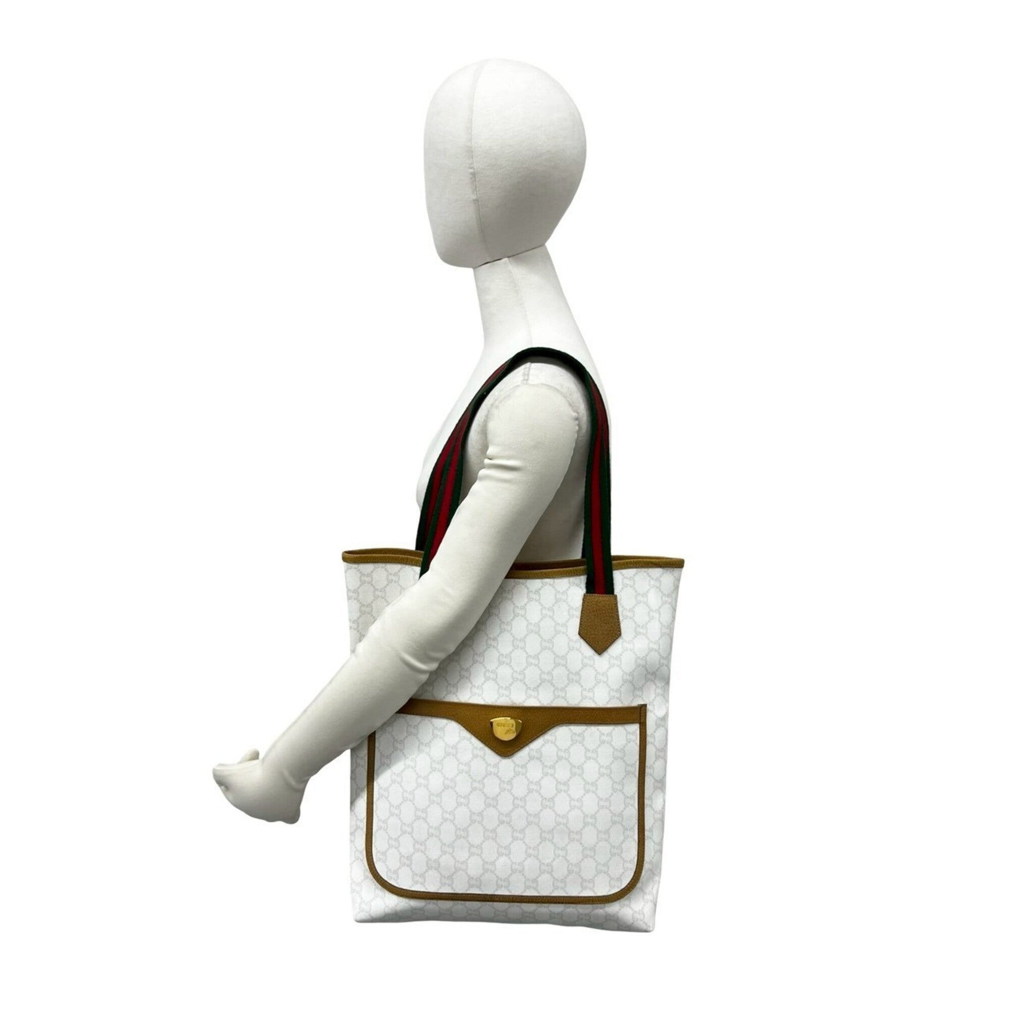 Gucci Brown Green Red Color White Leather Pvc Tote Bag (Pre-Owned)