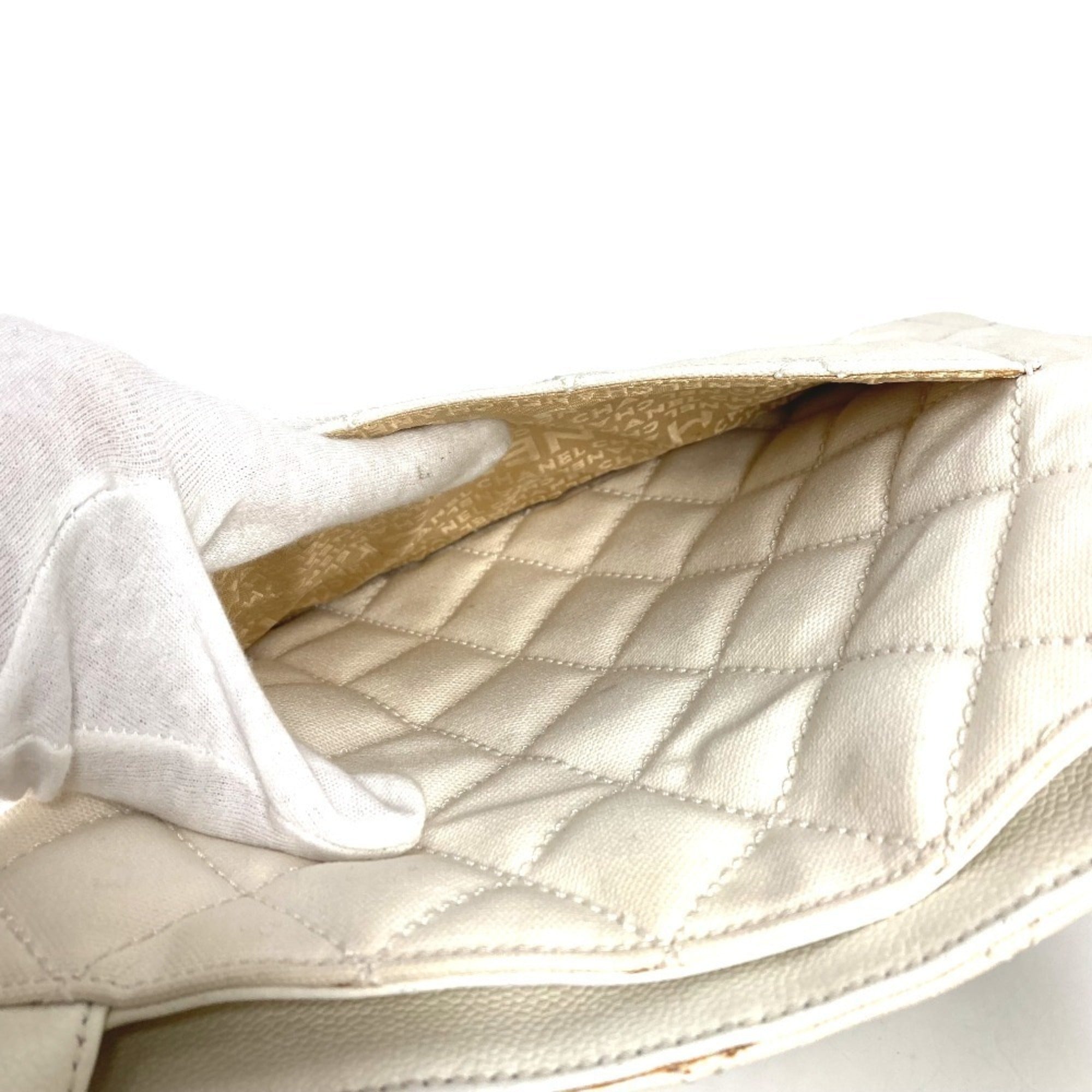 Chanel White Leather Canvas Shoulder Bag Tote Bag (Pre-Owned)