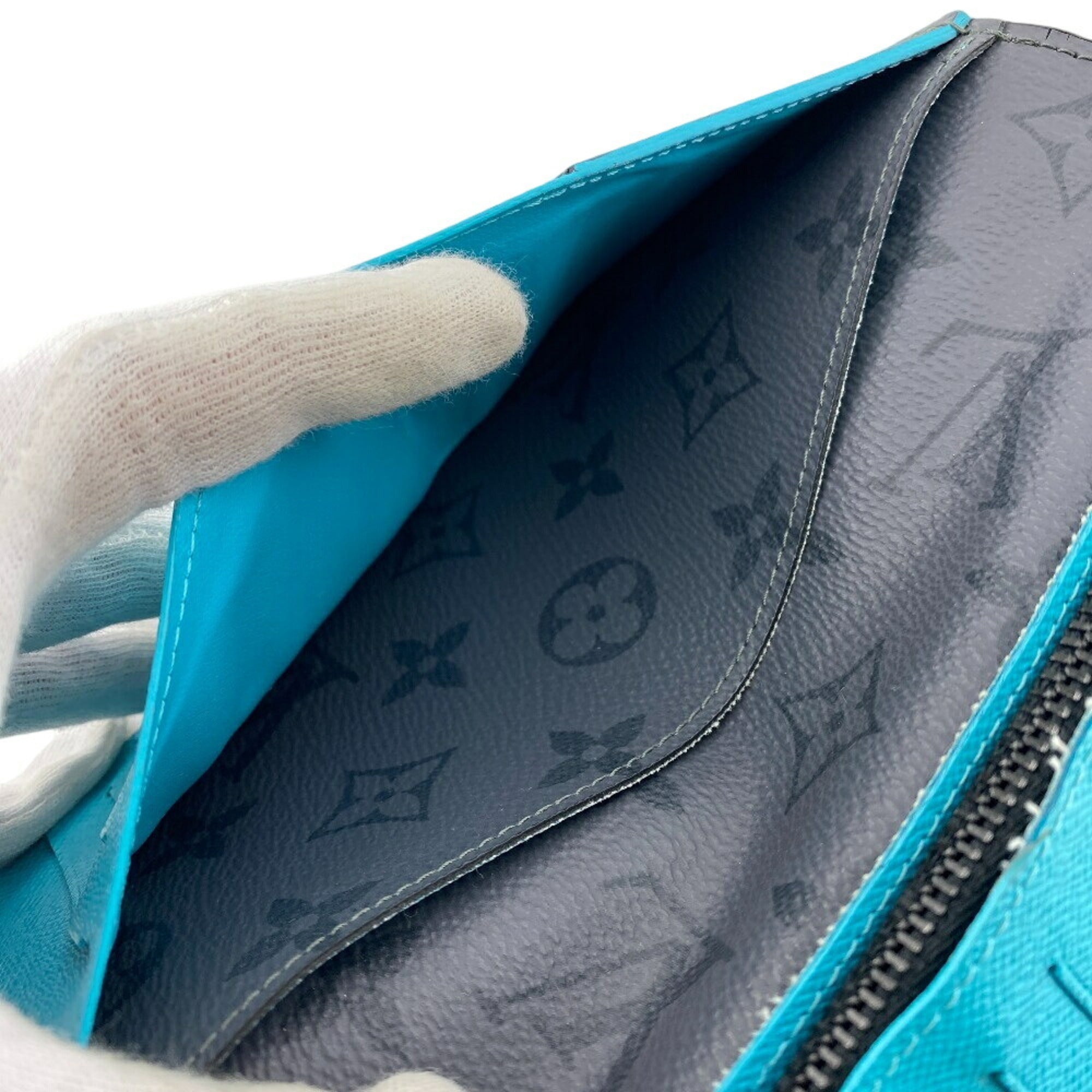 Louis Vuitton Monogram Eclipse Black Turquoise Leather Long Wallet (Bi-Fold) (Pre-Owned)