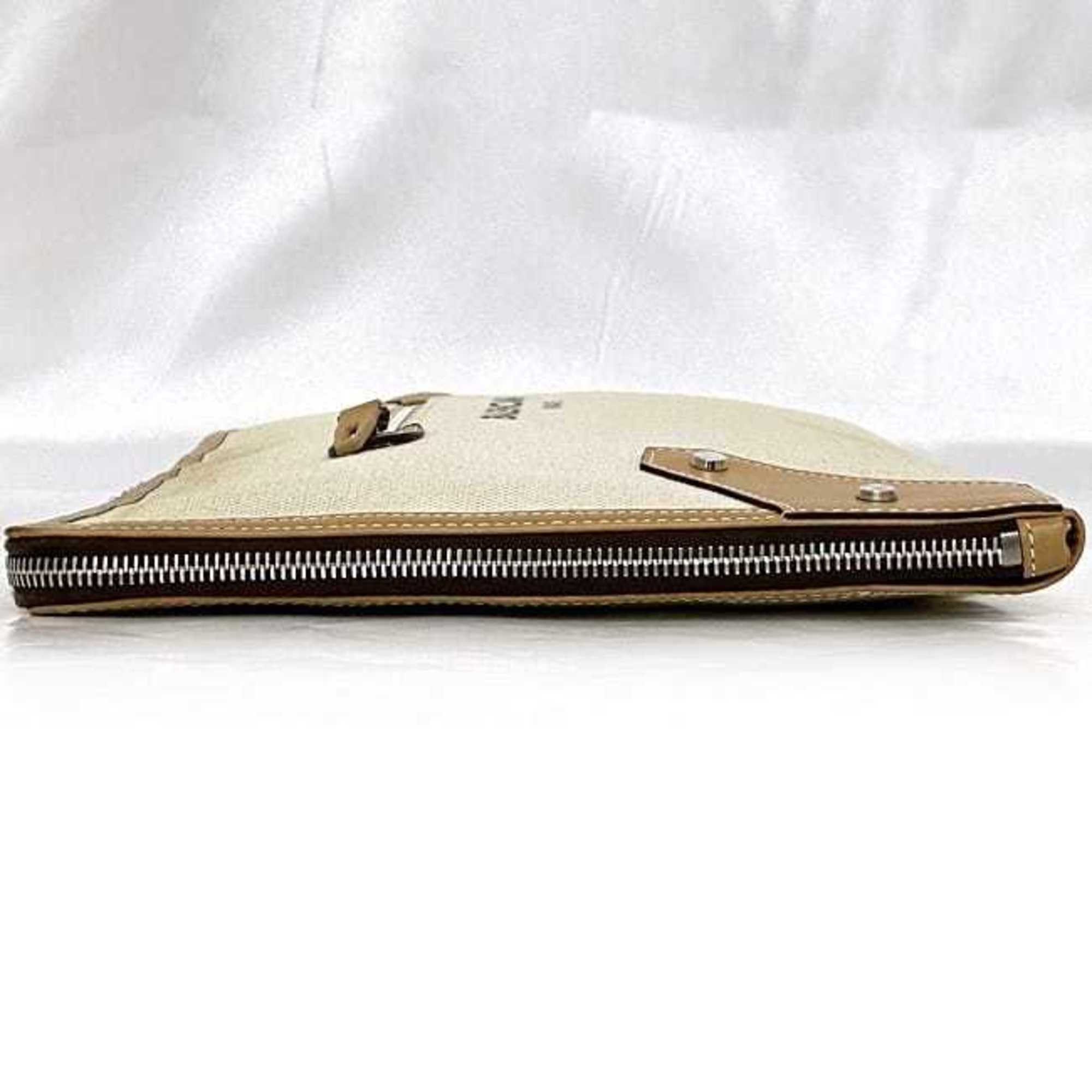 Balenciaga Beige White Canvas Leather Clutch Bag Handbag (Pre-Owned)
