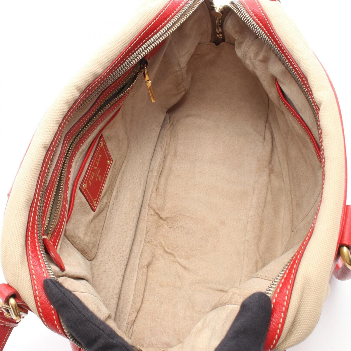 Prada Beige Red Color Canvas Leather Handbag (Pre-Owned)
