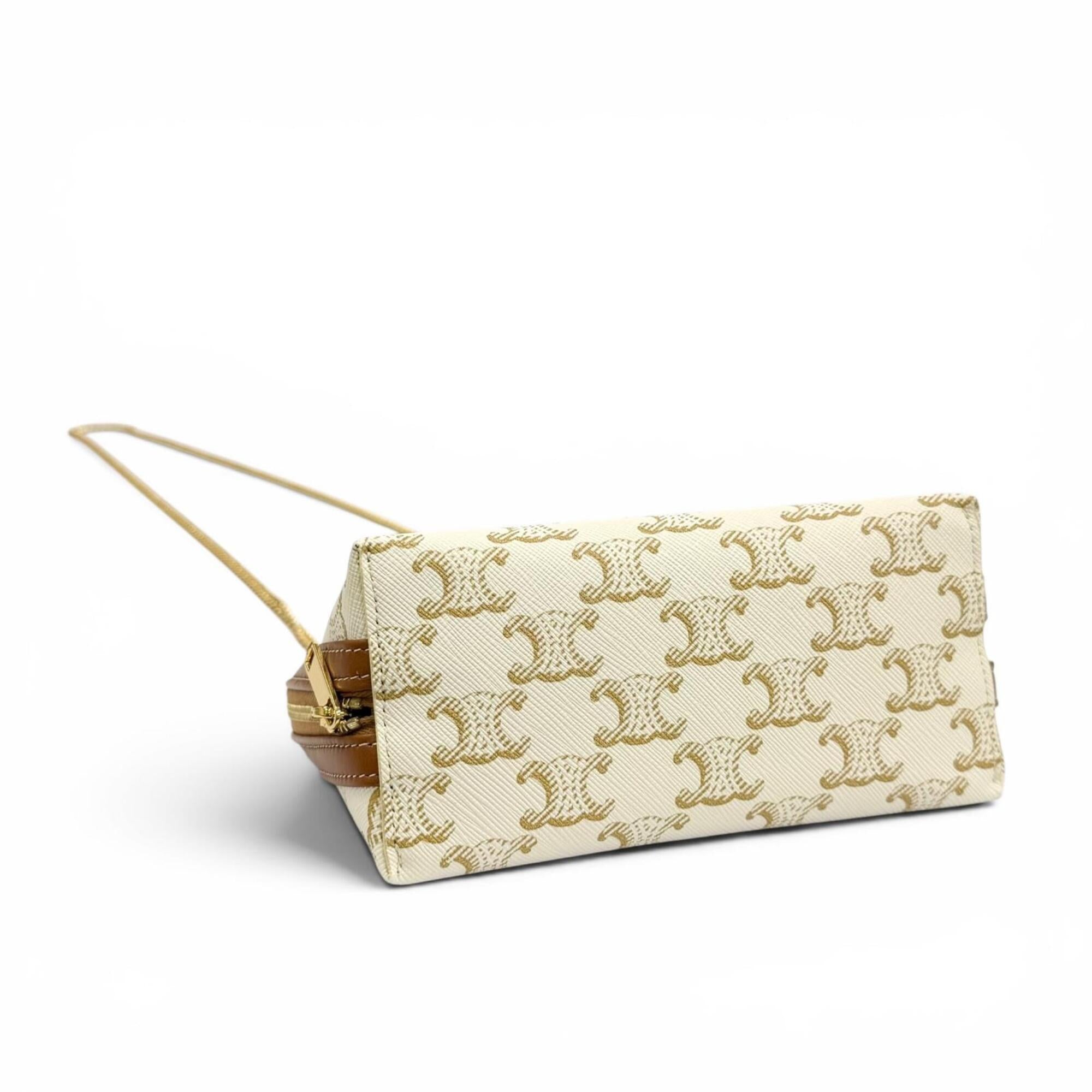 Celine Brown Off-White Canvas Clutch Bag Shoulder Bag (Pre-Owned)