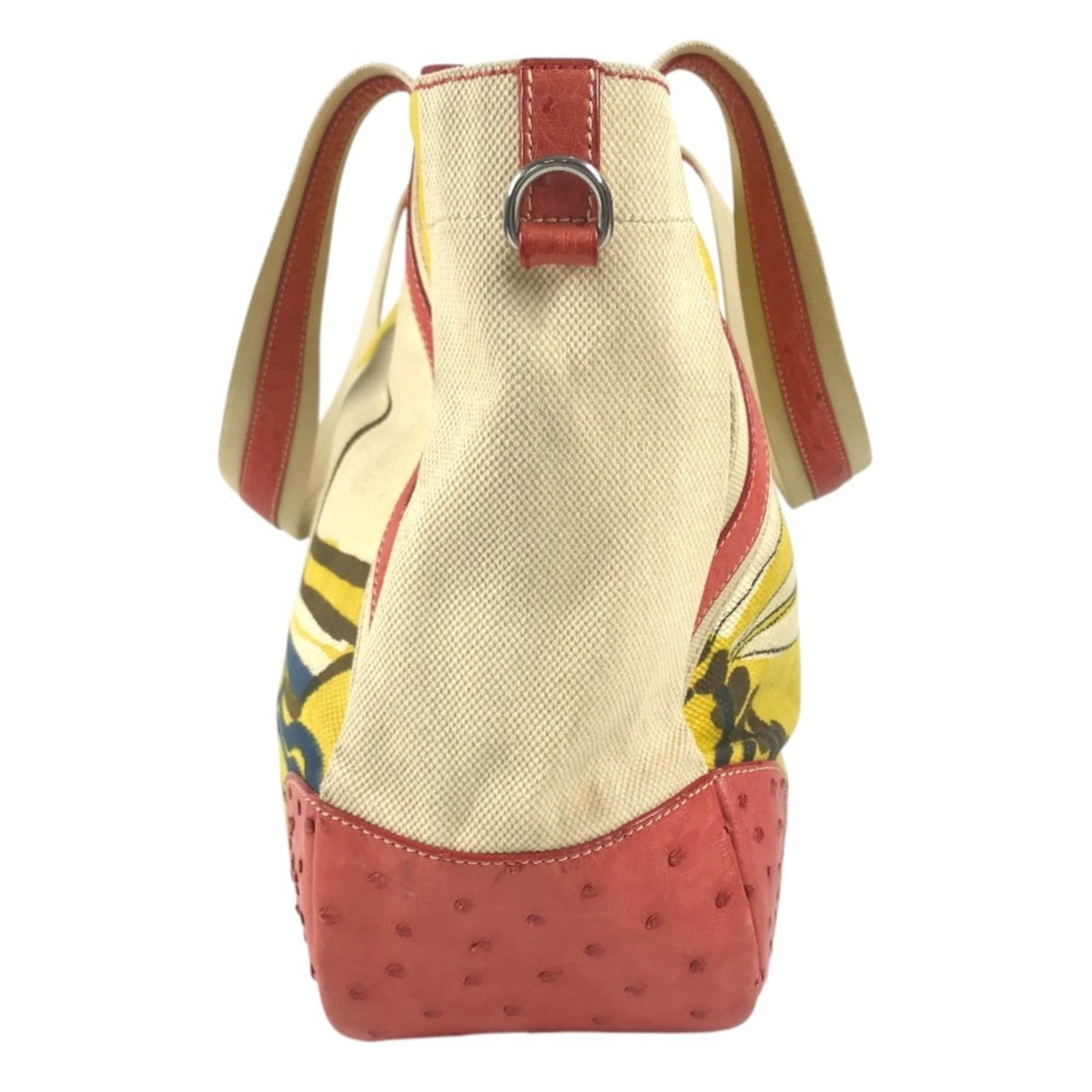 Prada Beige Red Color Yellow Leather Canvas Shoulder Bag Tote Bag (Pre-Owned)