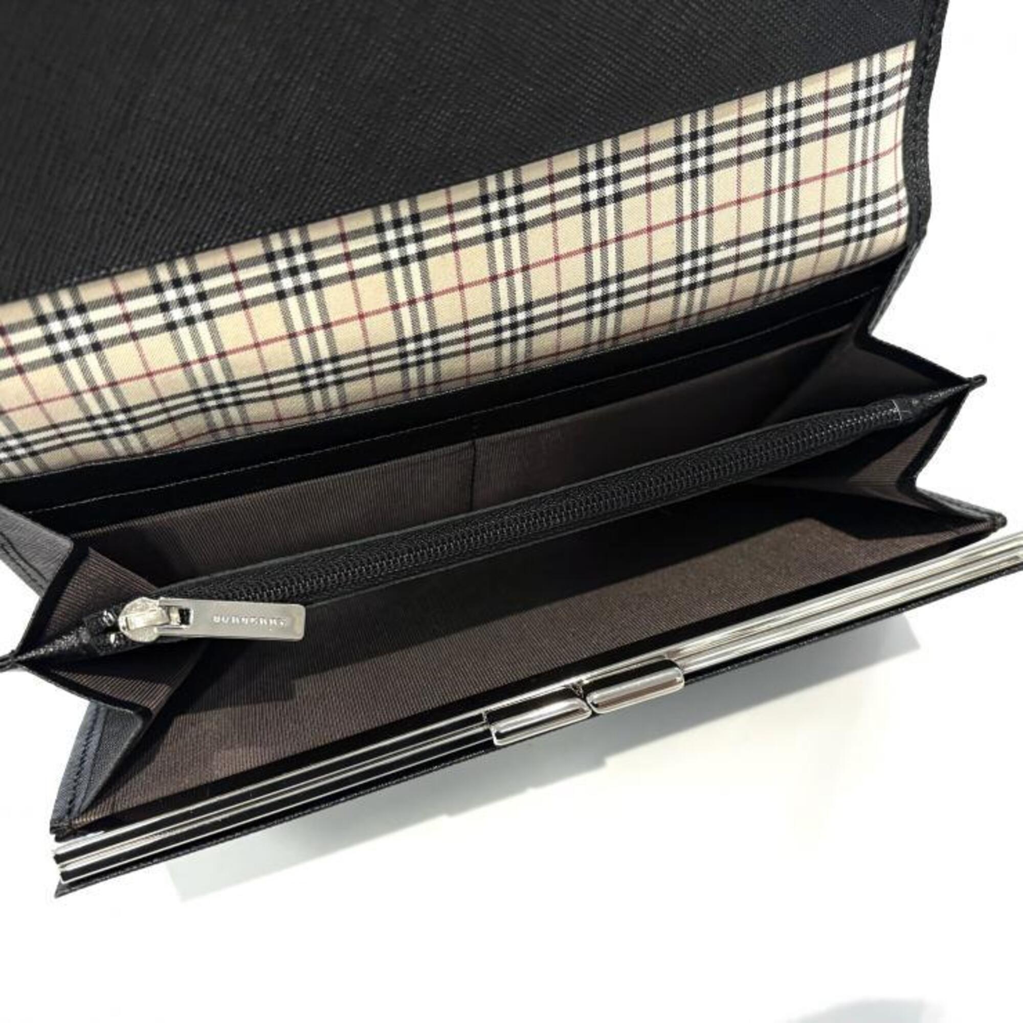 Burberry Black Brown Leather Canvas Long Wallet (Bi-Fold) (Pre-Owned)