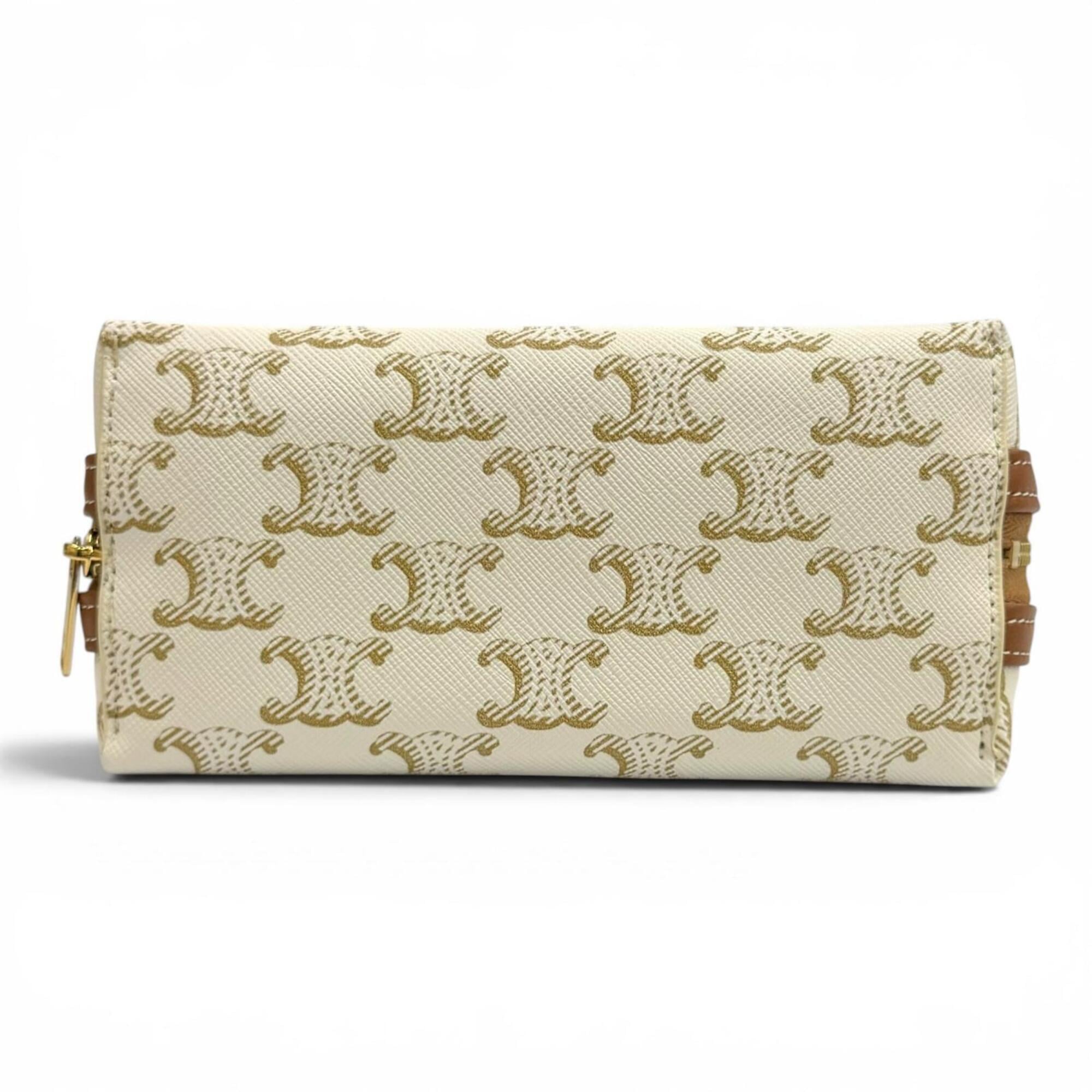 Celine Brown Off-White Canvas Clutch Bag Shoulder Bag (Pre-Owned)
