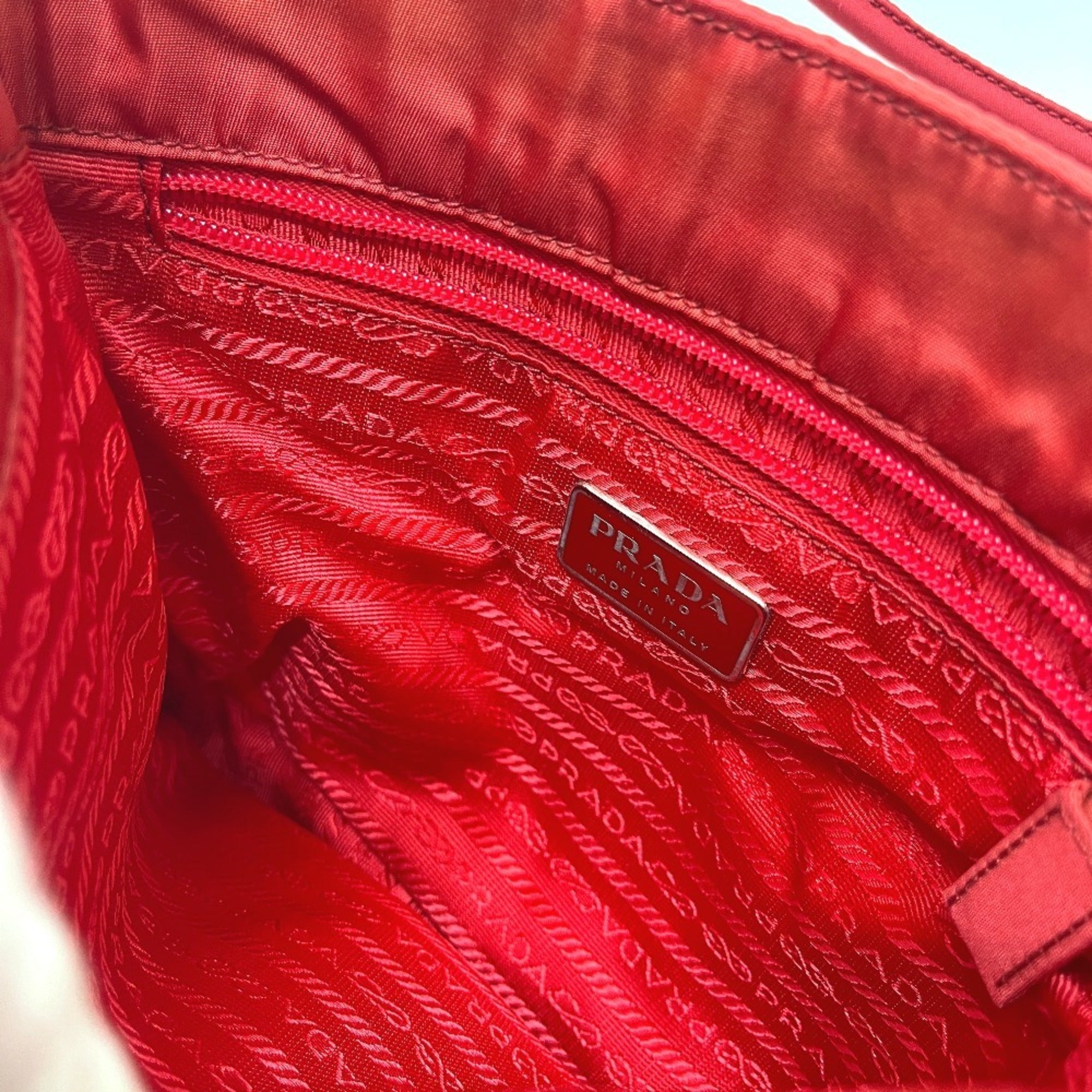 Prada Red Color Nylon Handbag Tote Bag (Pre-Owned)