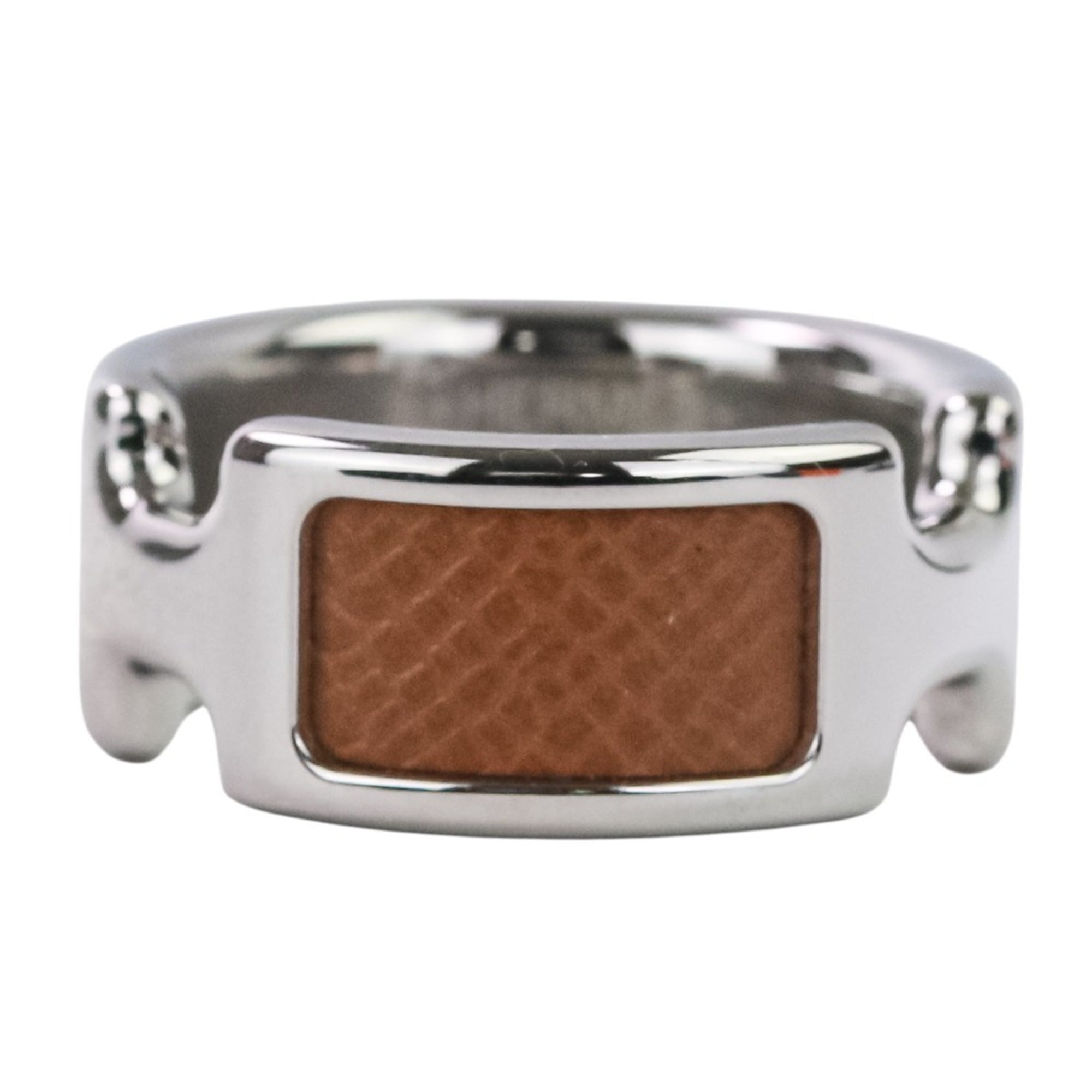 Hermes Silver Brown Leather Metal Band Ring (Pre-Owned)