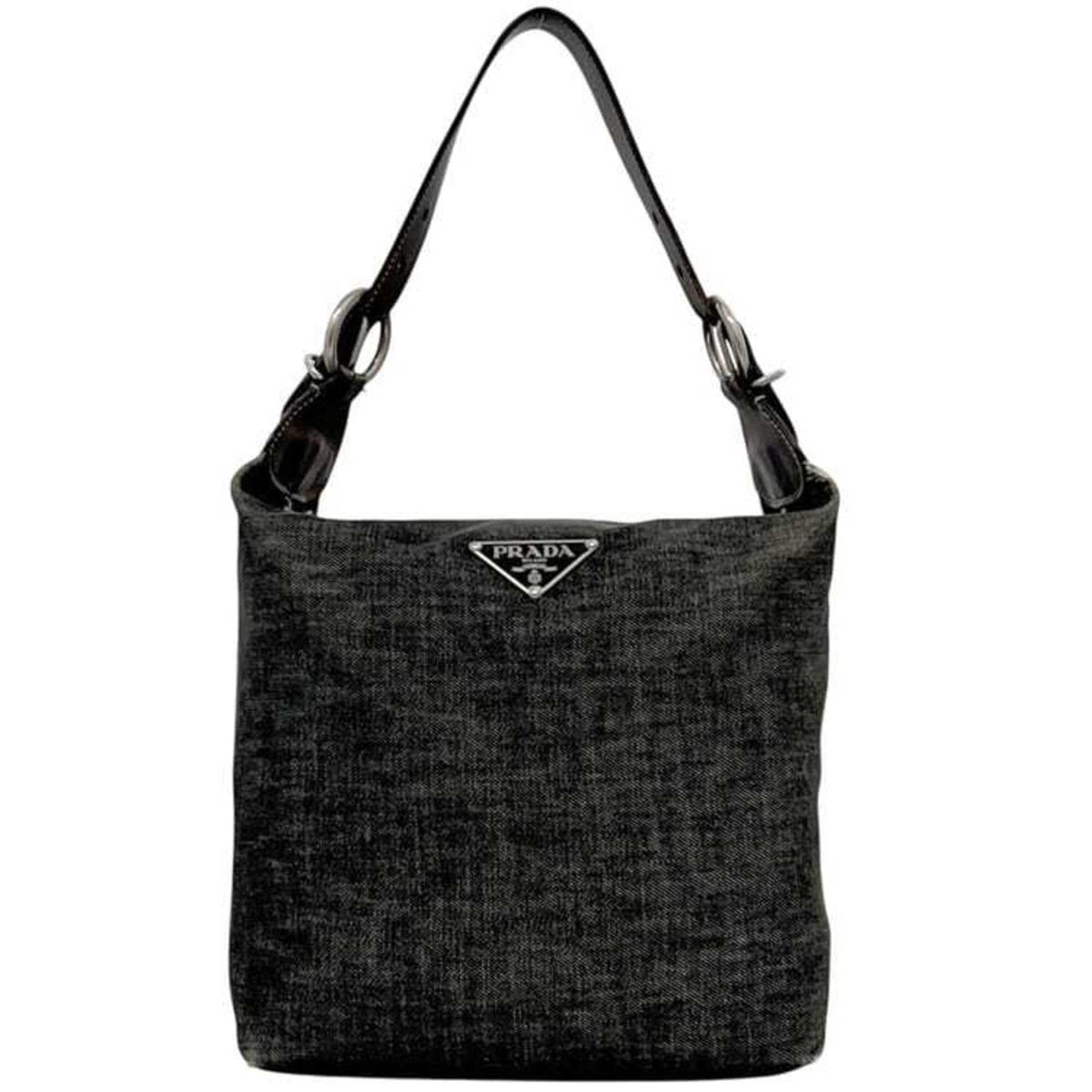 Prada Black Gray Denim Leather Shoulder Bag (Pre-Owned)