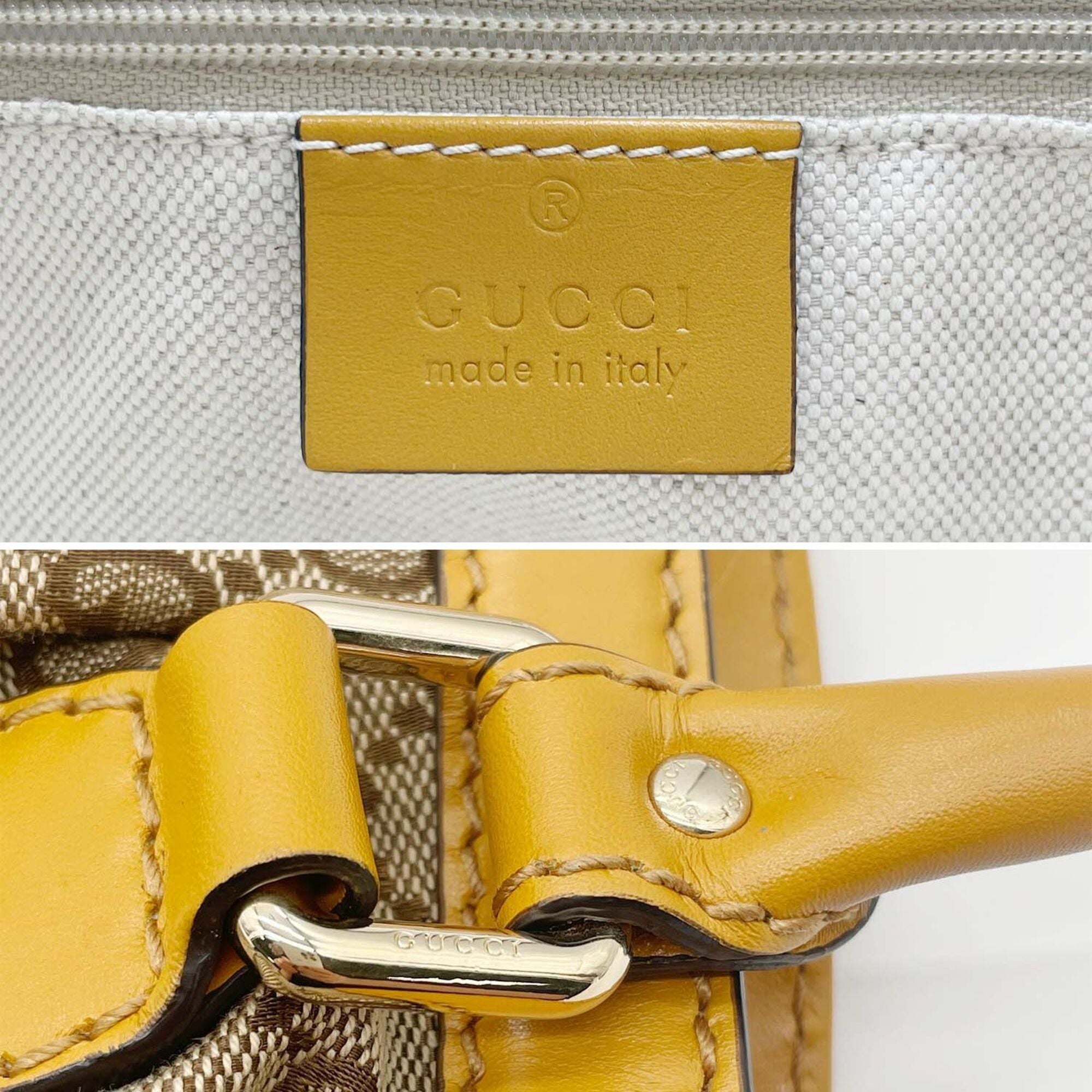 Gucci Brown Yellow Canvas Leather Handbag Tote Bag (Pre-Owned)