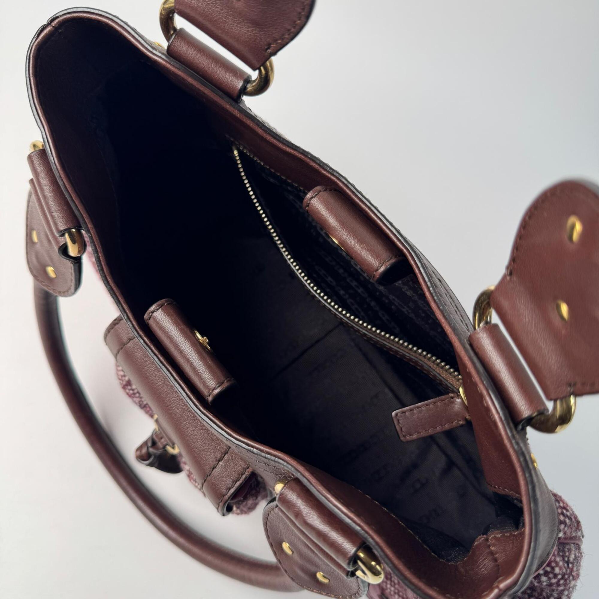 Celine Bordeaux Brown Pink Tweed Leather Handbag (Pre-Owned)