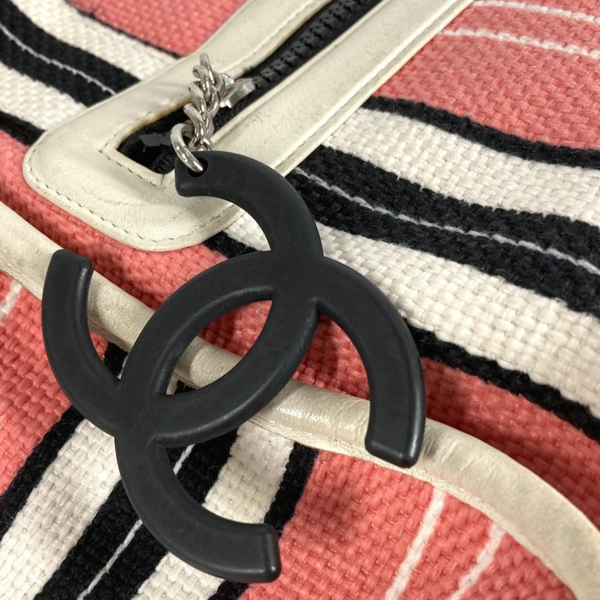Chanel Black Pink White Canvas Leather Shoulder Bag Tote Bag (Pre-Owned)