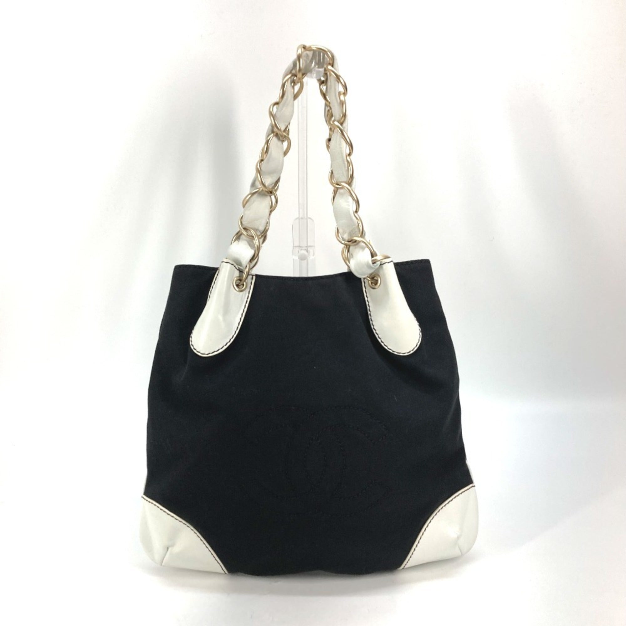 Chanel Black White Canvas Leather Shoulder Bag Tote Bag (Pre-Owned)