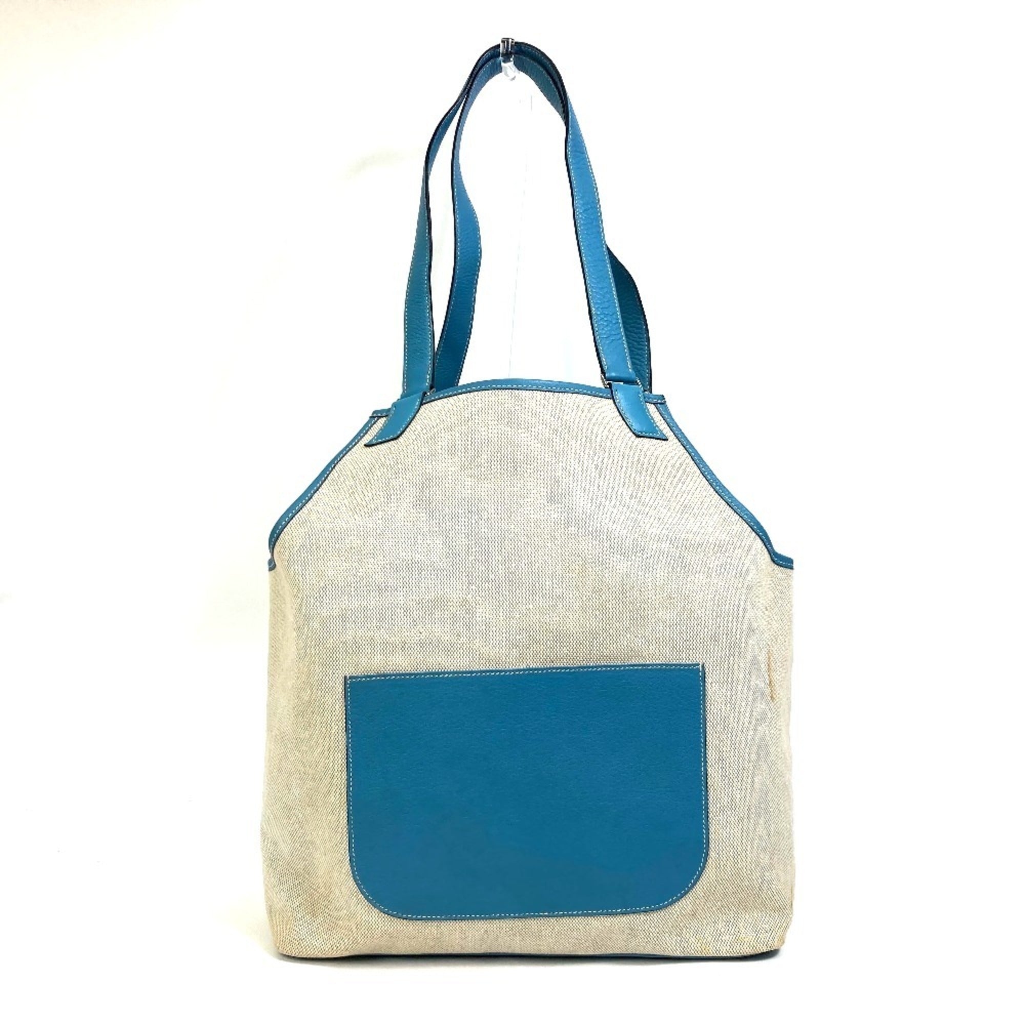 Hermes Jardinier Blue Natural Toile H Taurillon Clemence Leather Shoulder Bag Tote Bag (Pre-Owned)