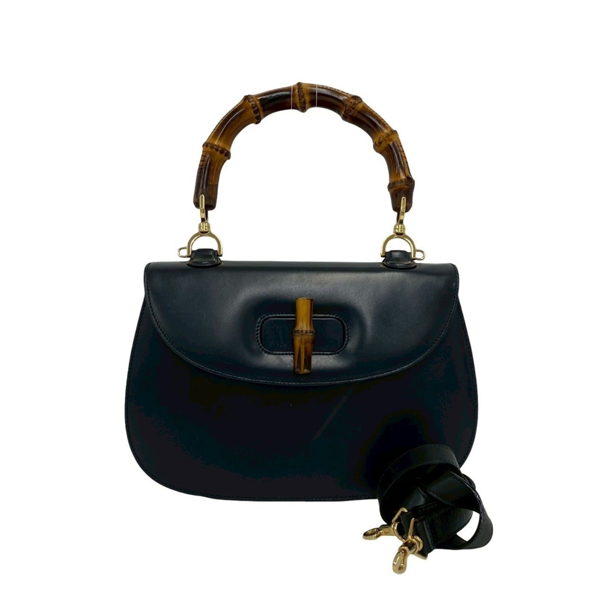 Gucci Navy Leather Bamboo Handbag Shoulder Bag (Pre-Owned)
