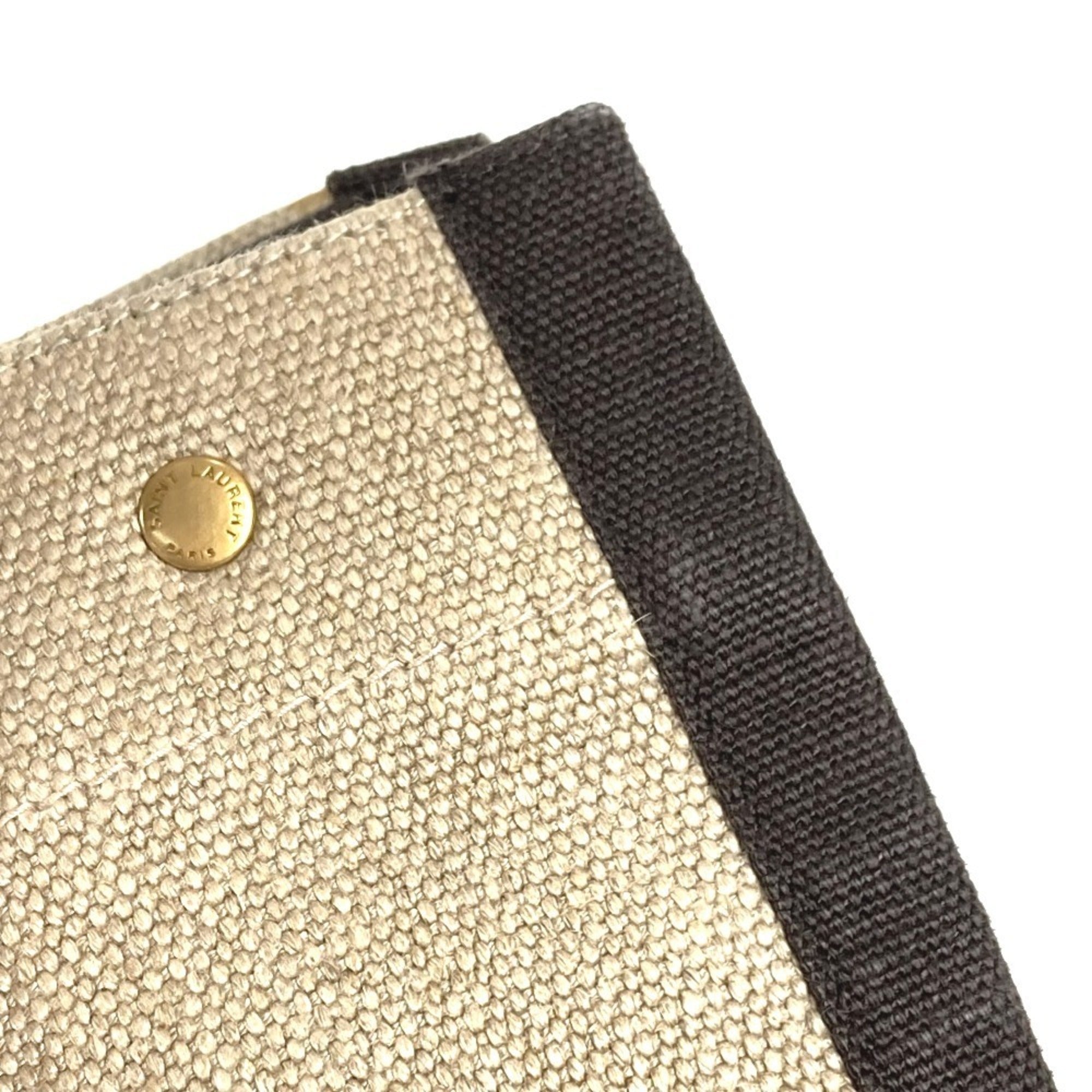 Yves Saint Laurent Beige Brown Linen Leather Handbag Shoulder Bag Tote Bag (Pre-Owned)