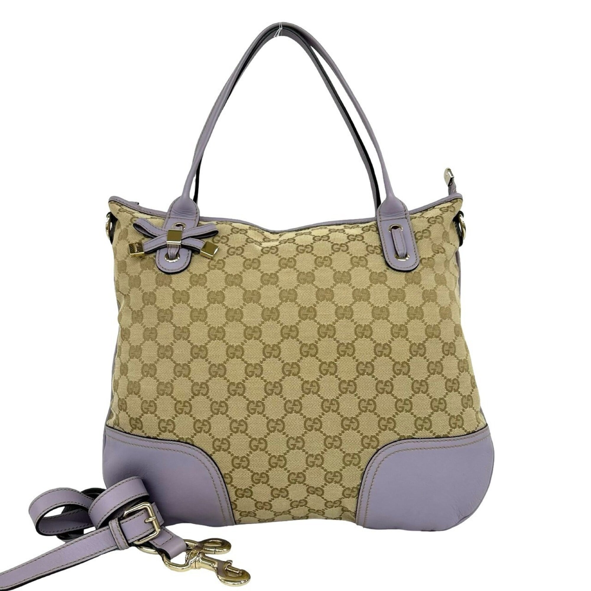 Gucci Brown Purple Canvas Leather Shoulder Bag Tote Bag (Pre-Owned)