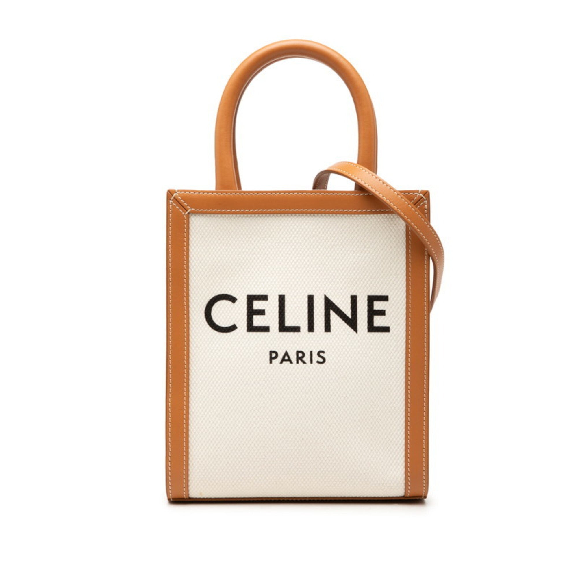 Celine Brown White Canvas Leather Handbag Shoulder Bag (Pre-Owned)