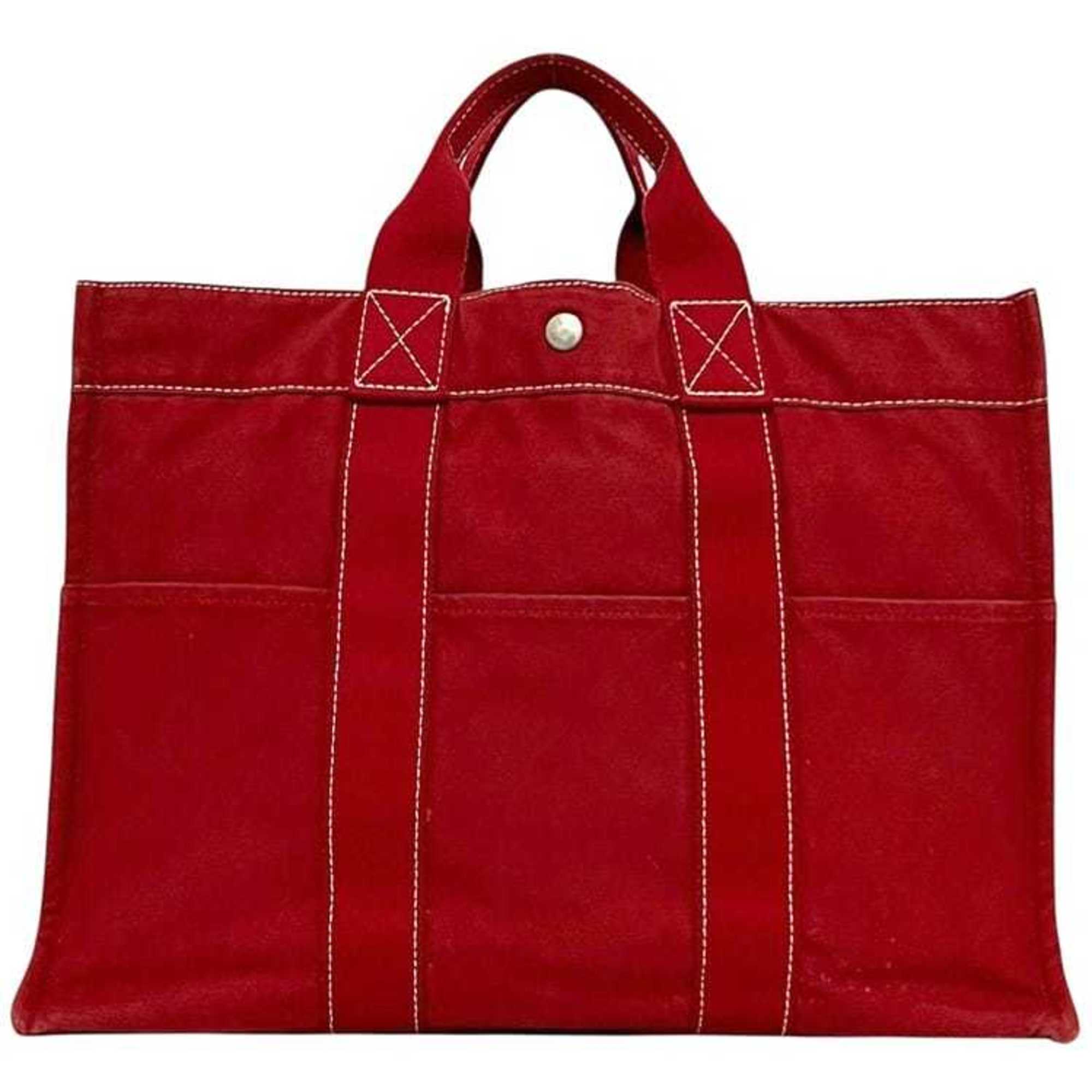 Hermes Red Color Cotton Canvas Tote Bag (Pre-Owned)
