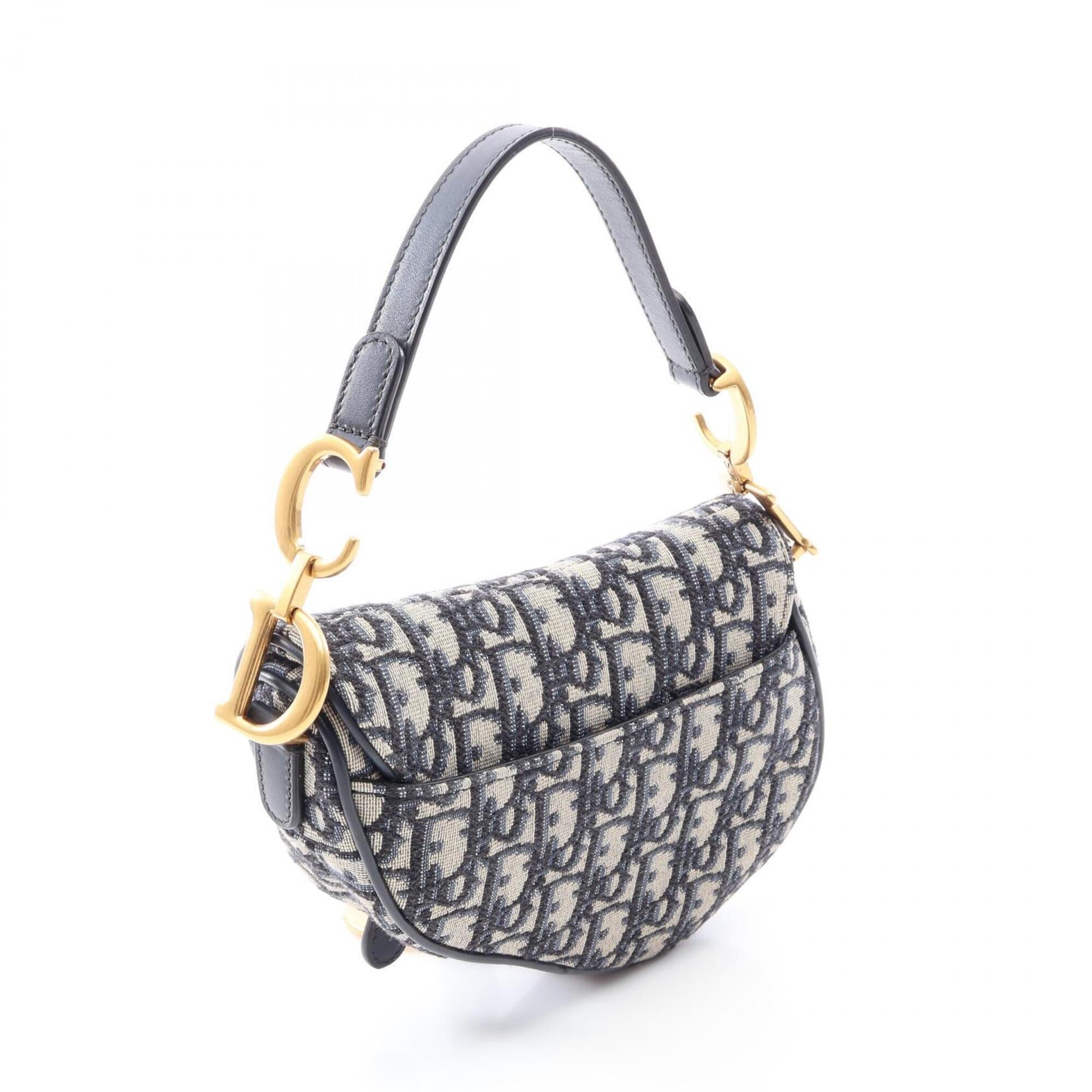 Christian Dior Beige Navy Canvas Leather Handbag Saddle Bag (Pre-Owned)