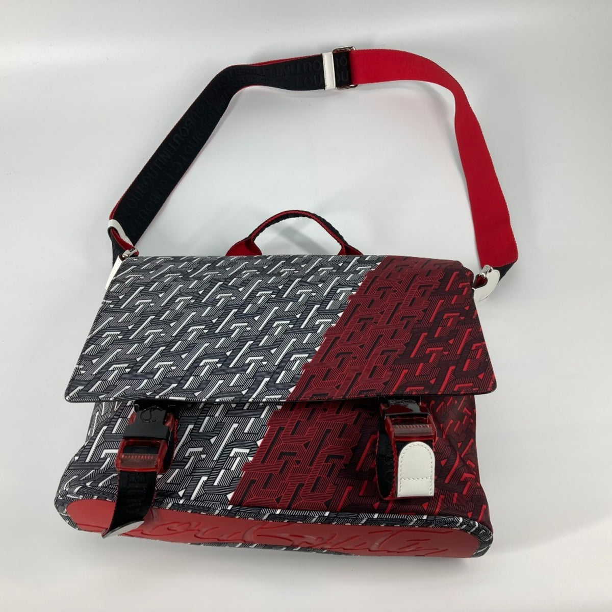 Christian Louboutin Black Red Color White Nylon Handbag Messenger Bag Shoulder Bag (Pre-Owned)